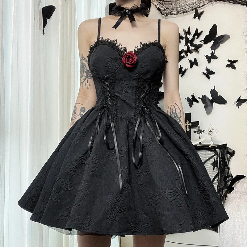 Goth Print Rose Lace Up A Line Backless Fashion V-Neck