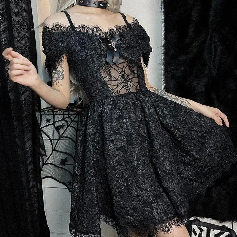 Goth Print Rose Lace Up A Line Backless Fashion V-Neck