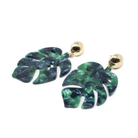 Green Tortoise Shell Leaf Post Earrings Gold Tone