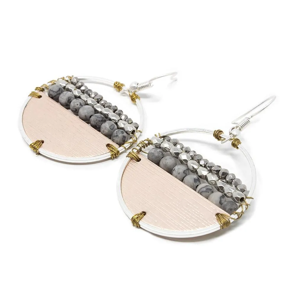 Grey Beaded Open Circle Drop Earrings Two Tone