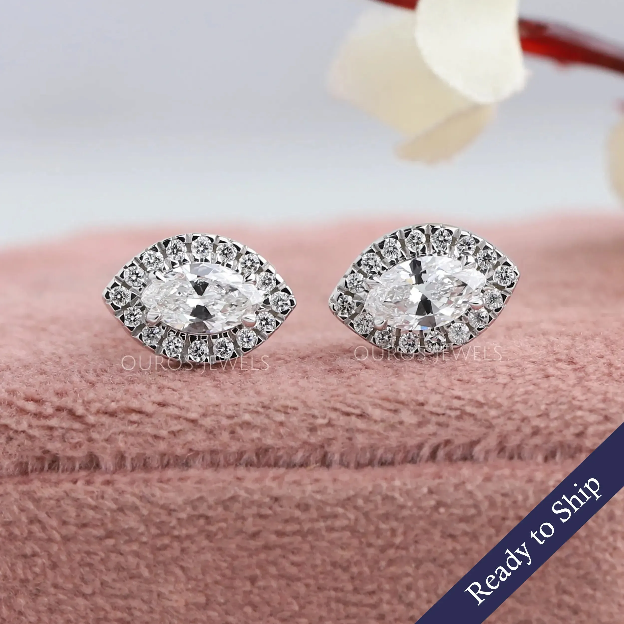 Halo Marquise  Shape Lab Diamond Stud  Earrings