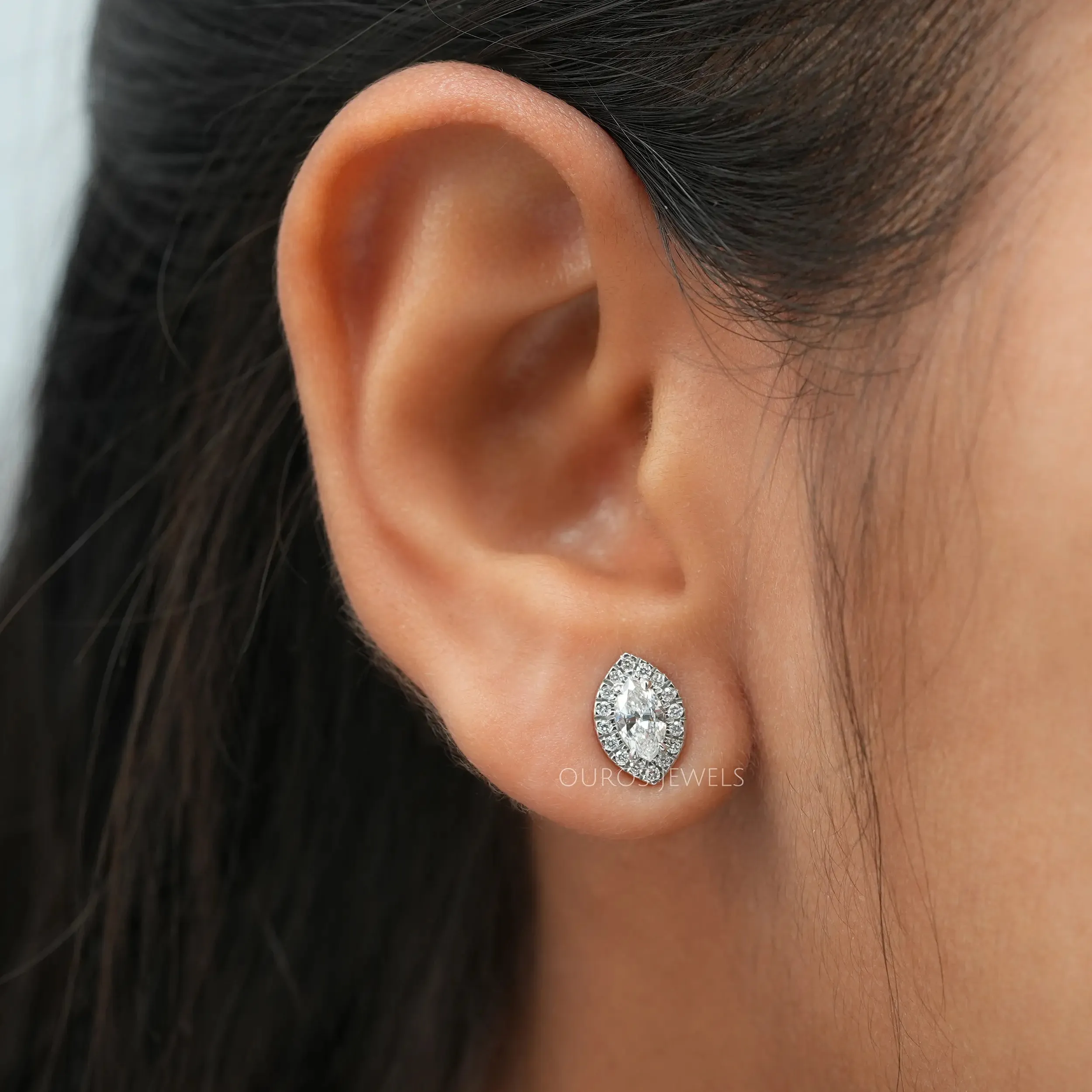 Halo Marquise  Shape Lab Diamond Stud  Earrings