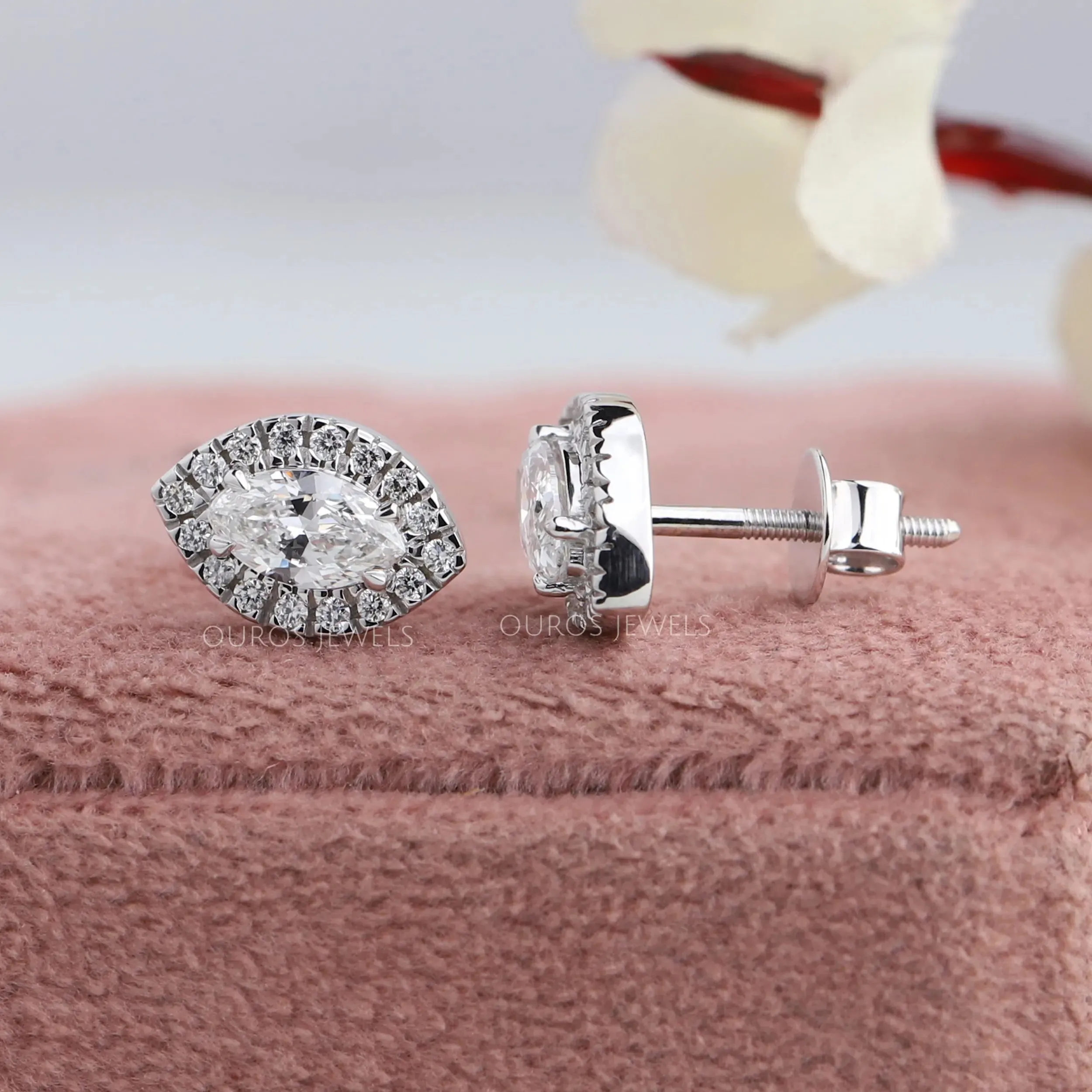 Halo Marquise  Shape Lab Diamond Stud  Earrings