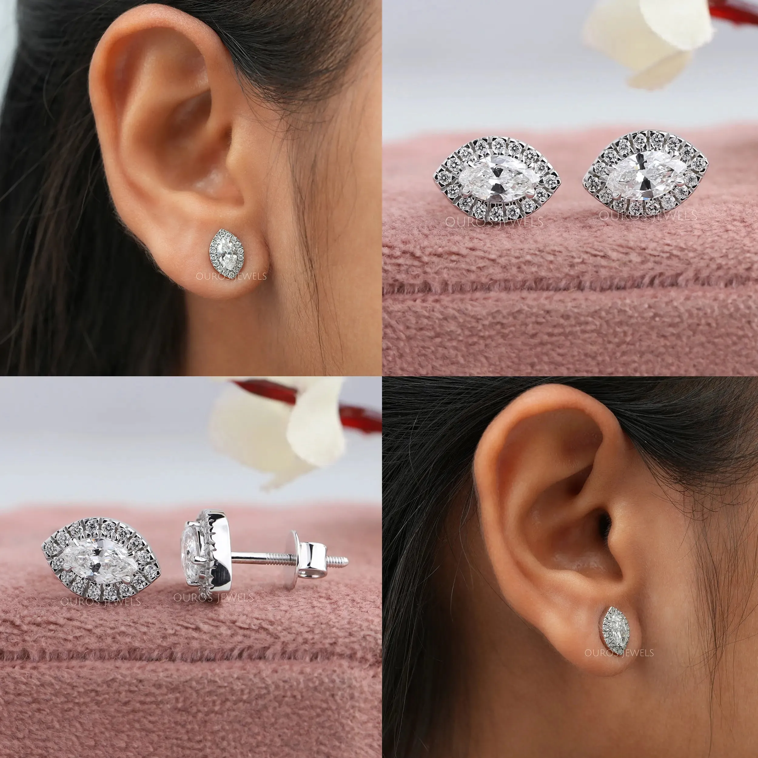 Halo Marquise  Shape Lab Diamond Stud  Earrings