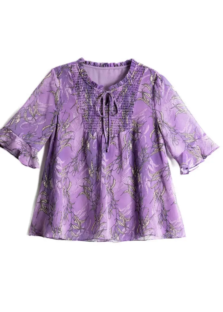 Italian Purple Ruffled Print Chiffon Blouses Summer HA1055