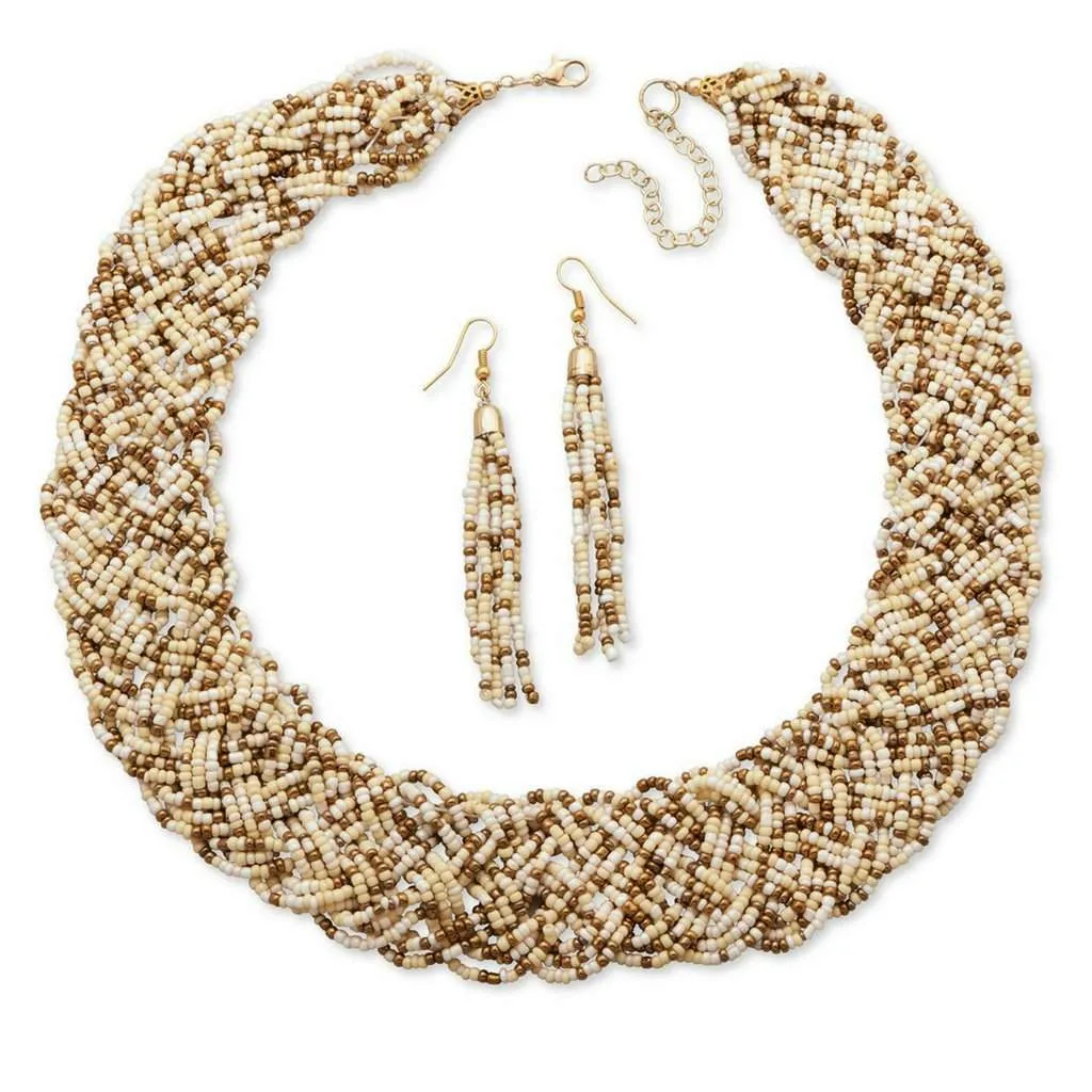 Ivory and Bronze Seed Beaded Collar Necklace and Earrings