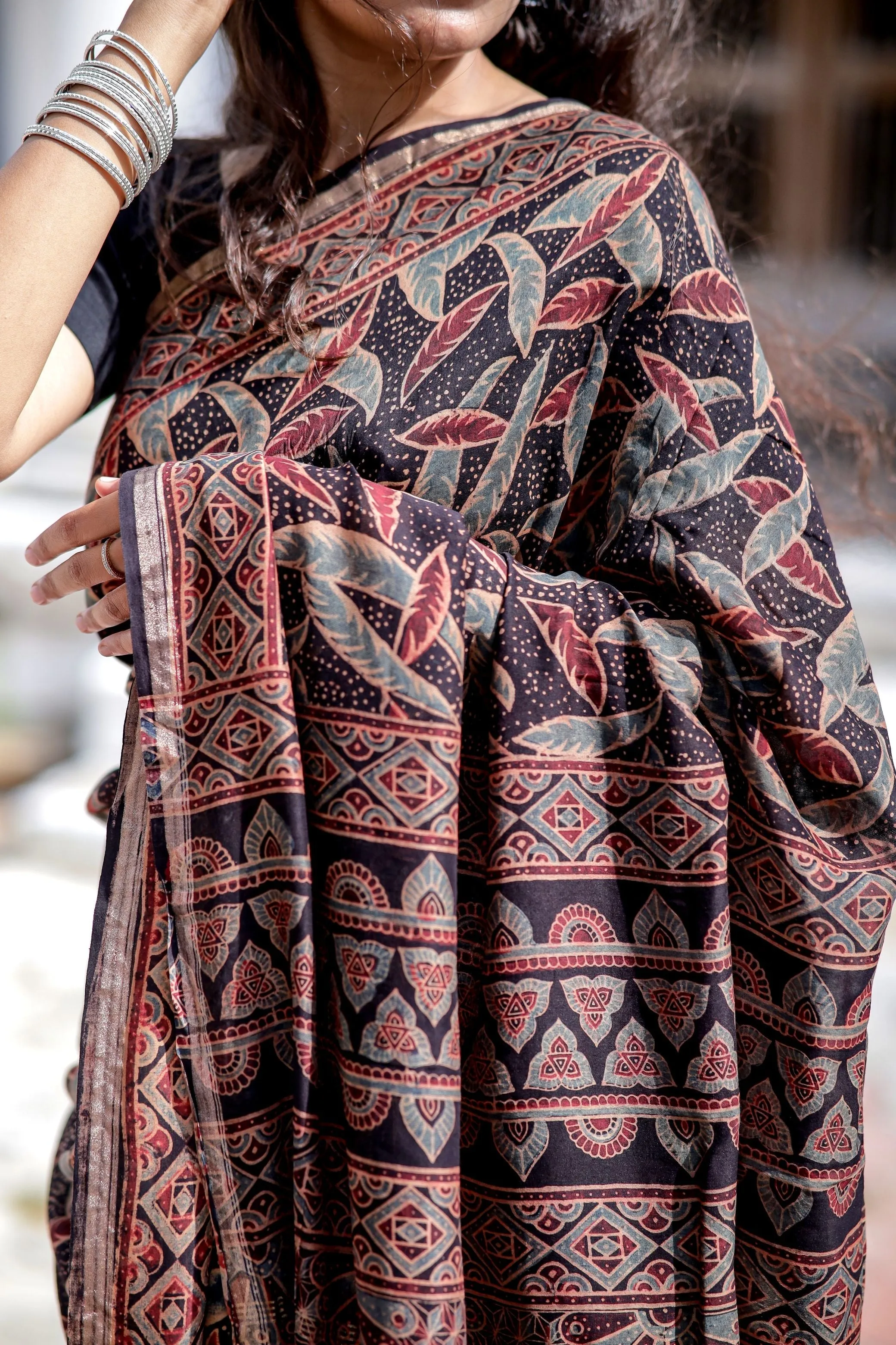 Jharokha -Black leaf silk cotton Ajrakh handblockprinted saree