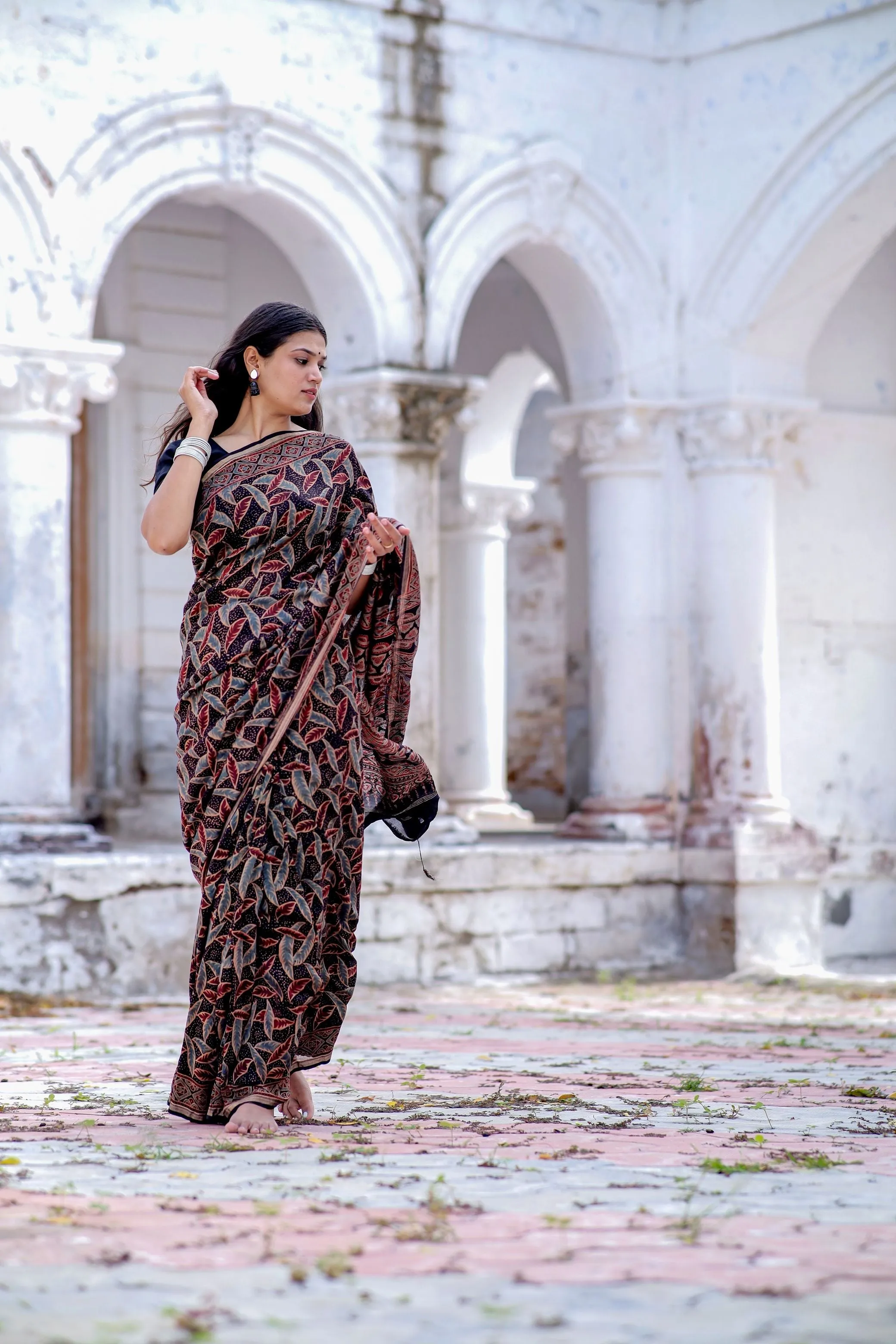 Jharokha -Black leaf silk cotton Ajrakh handblockprinted saree