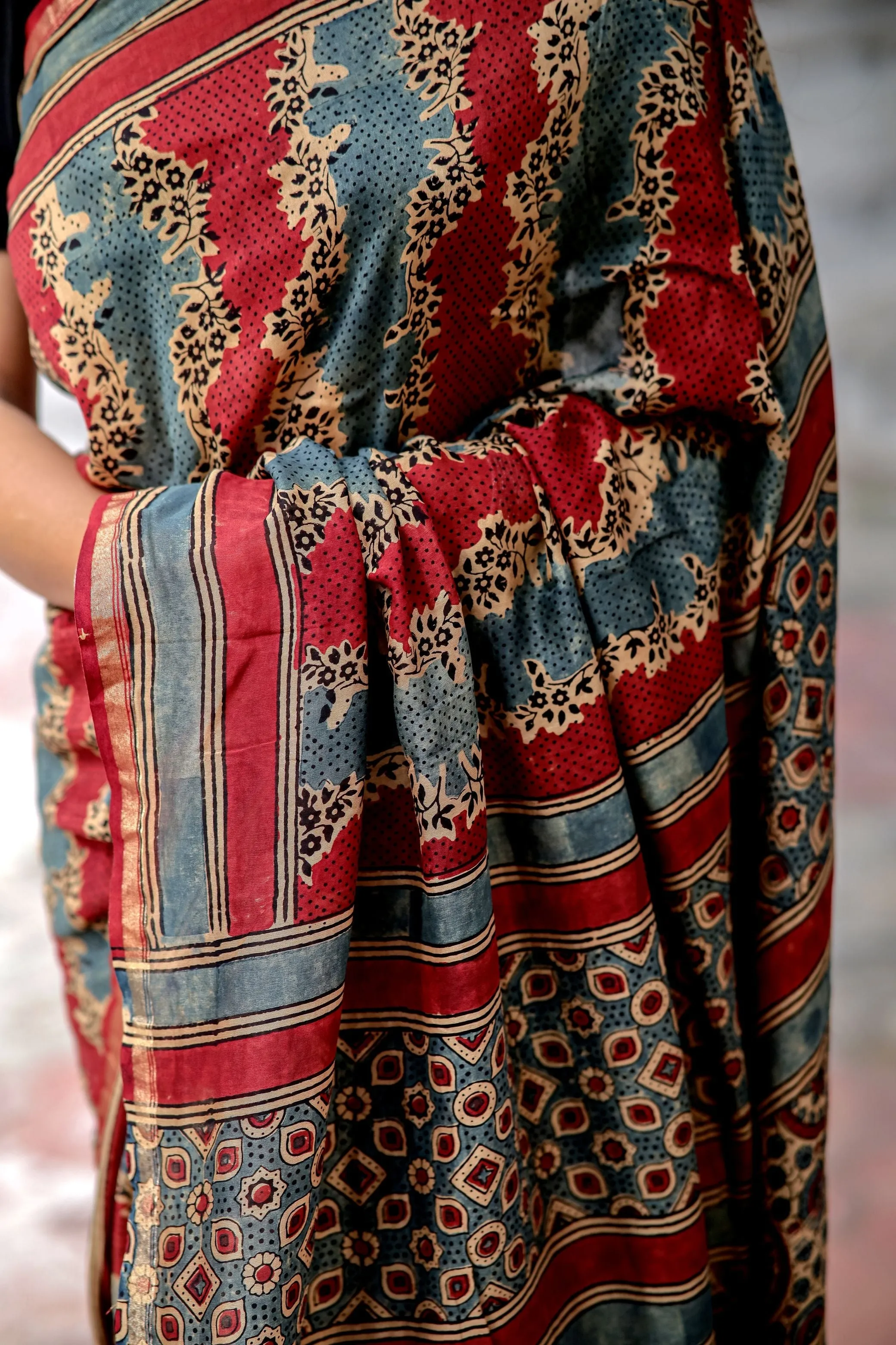 Jharokha -Blue and Red geometric silk cotton Ajrakh handblockprinted saree