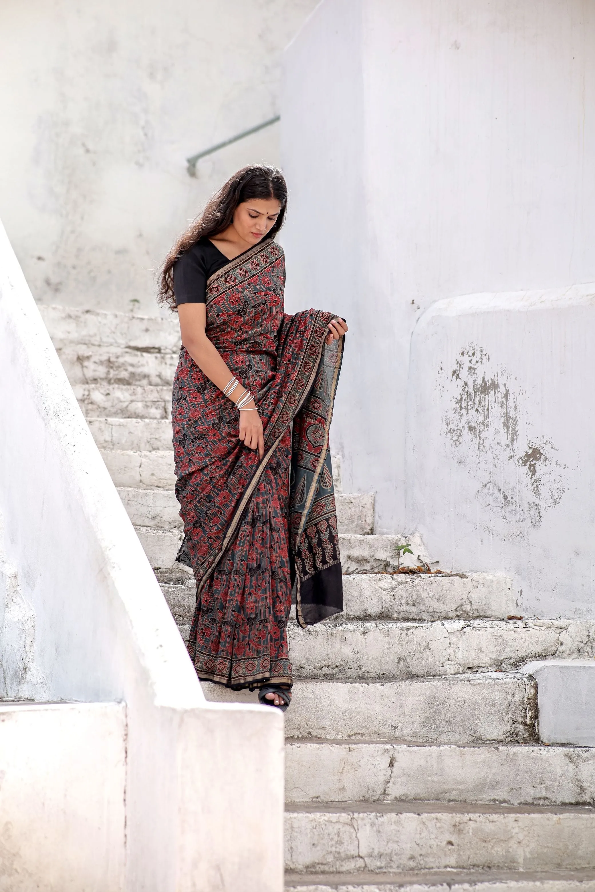 Jharokha -Blue and Red geometric silk cotton Ajrakh handblockprinted saree