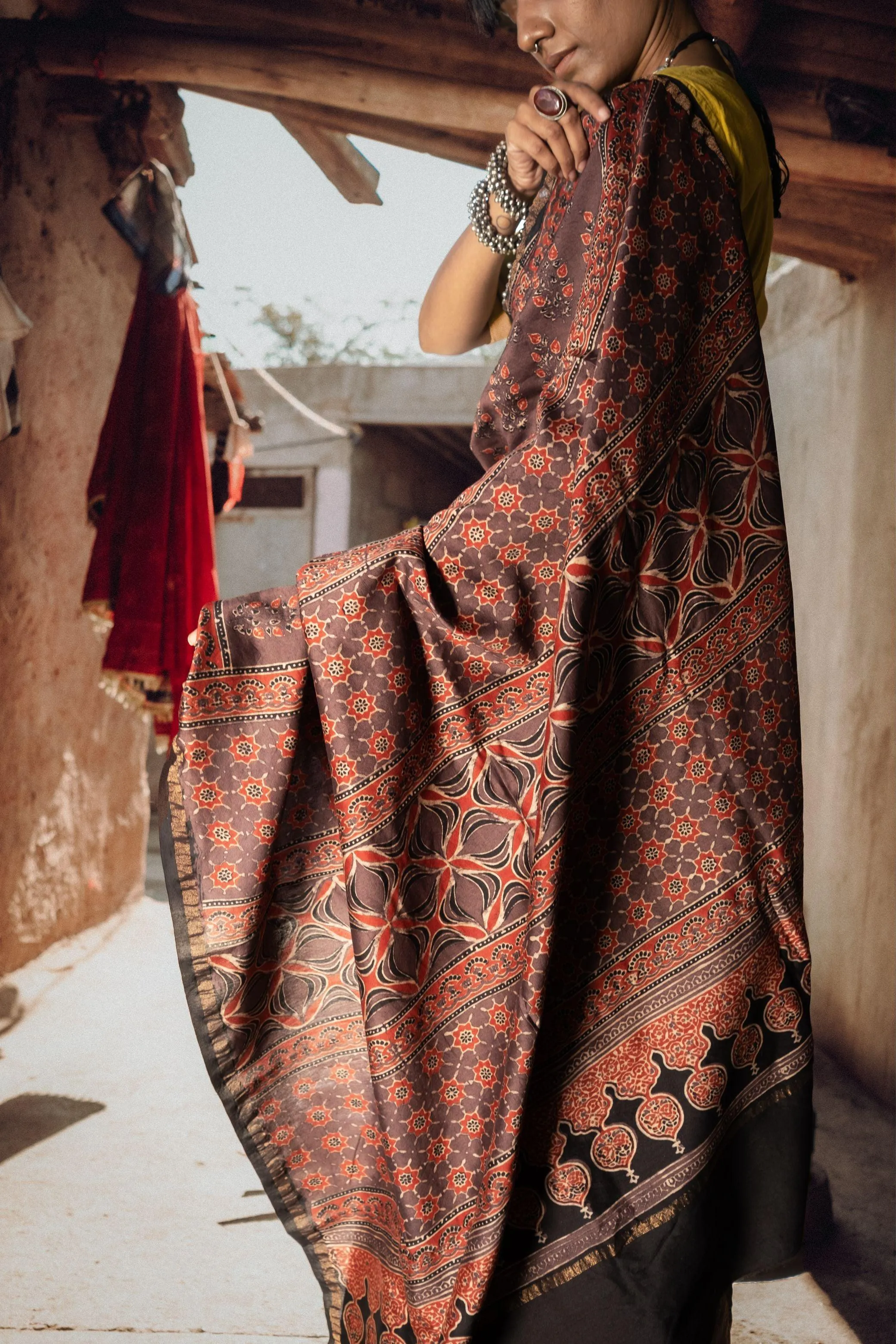 Jharokha -Grey and red silk  cotton Ajrakh handblockprinted saree