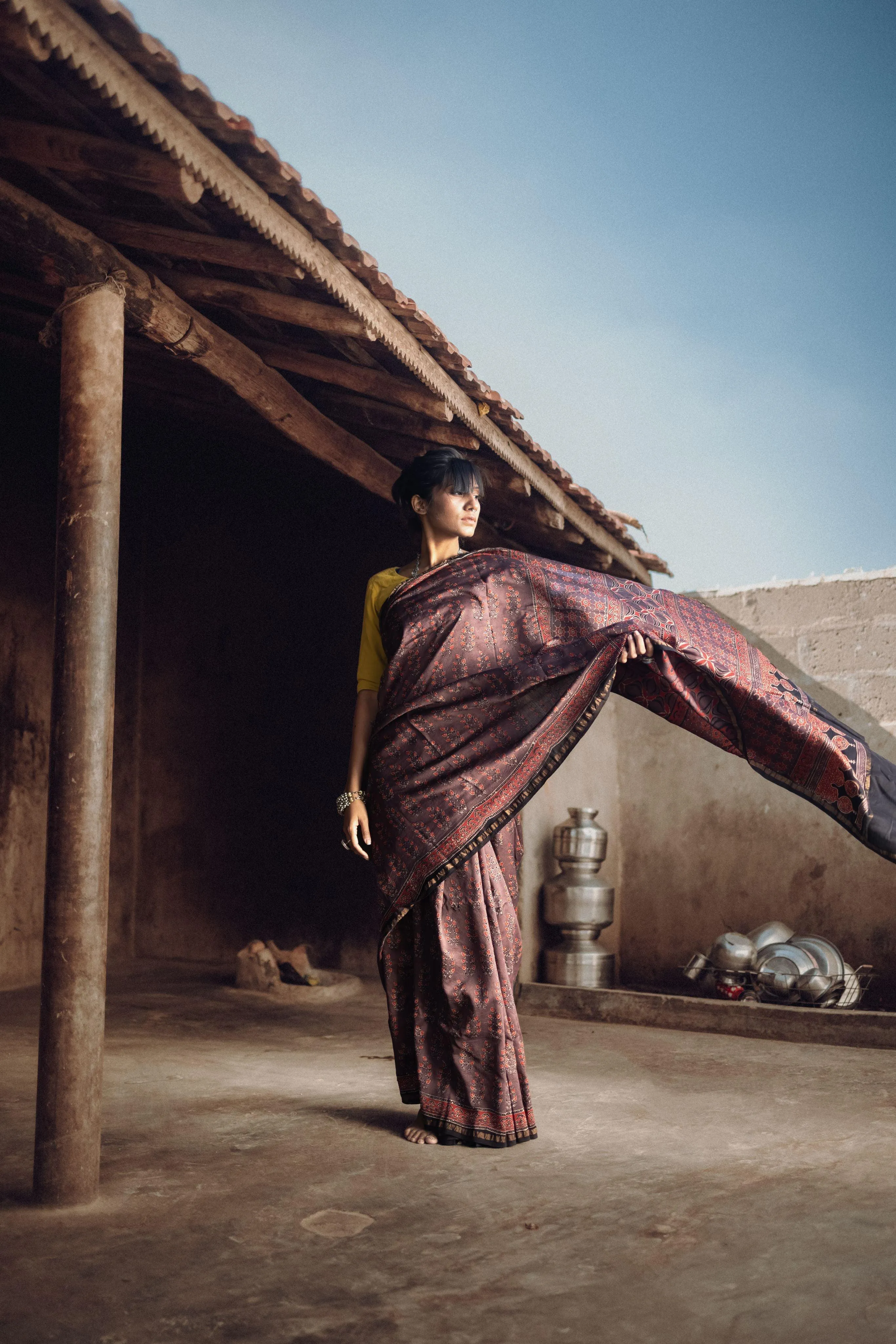 Jharokha -Grey and red silk  cotton Ajrakh handblockprinted saree