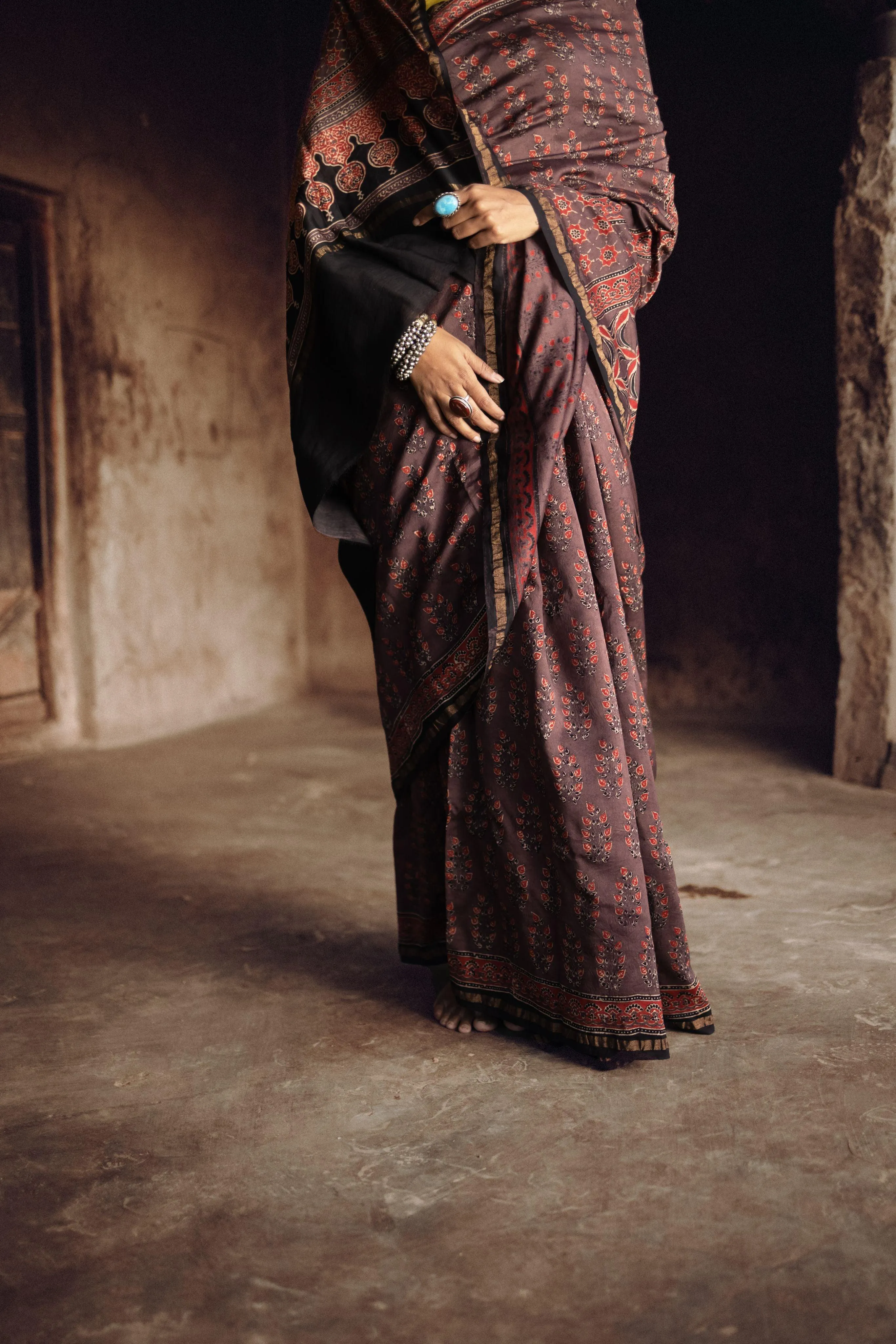 Jharokha -Grey and red silk  cotton Ajrakh handblockprinted saree