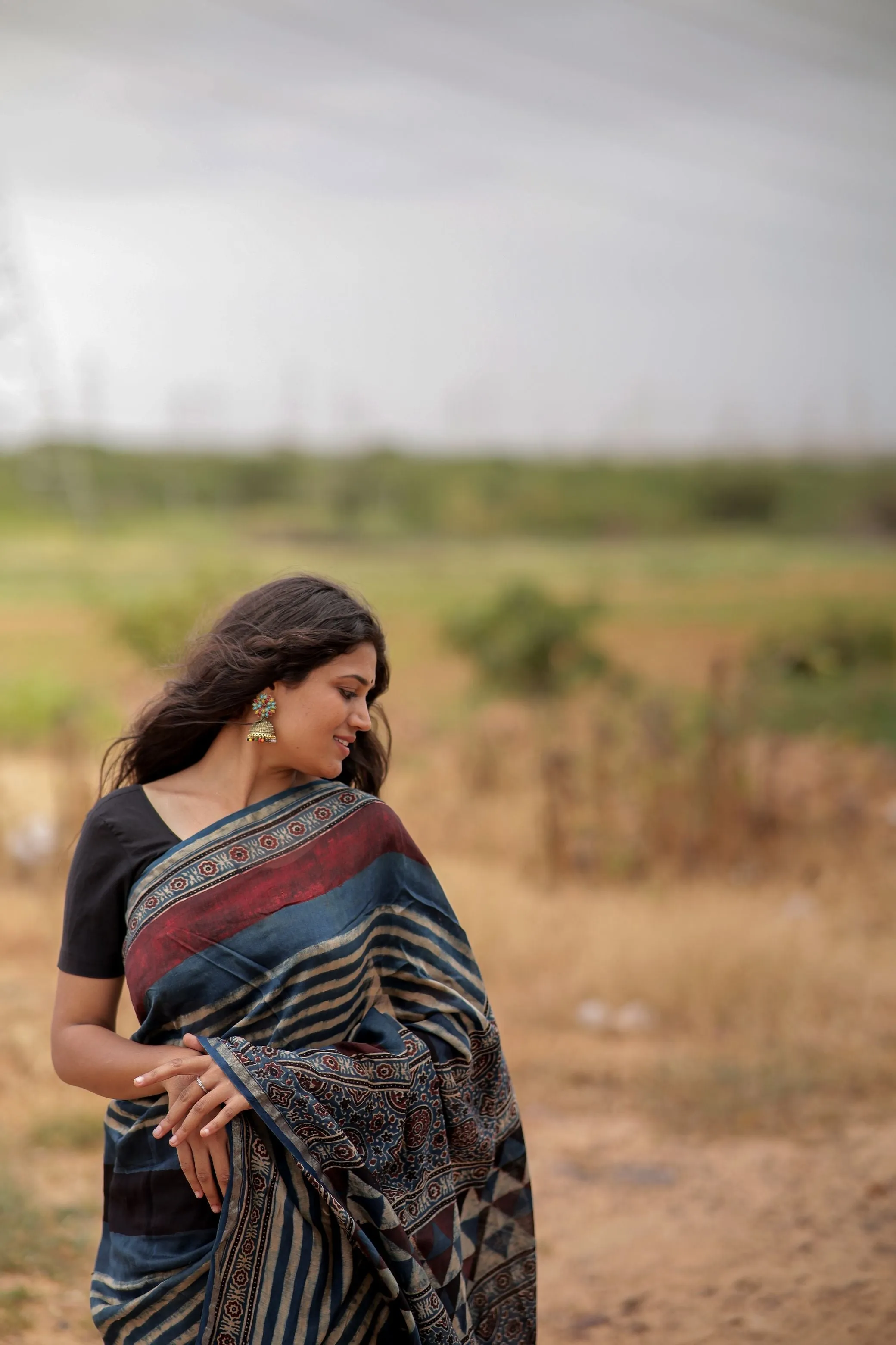 Jharokha -Indigo & black red striped silk cotton Ajrakh handblockprinted saree