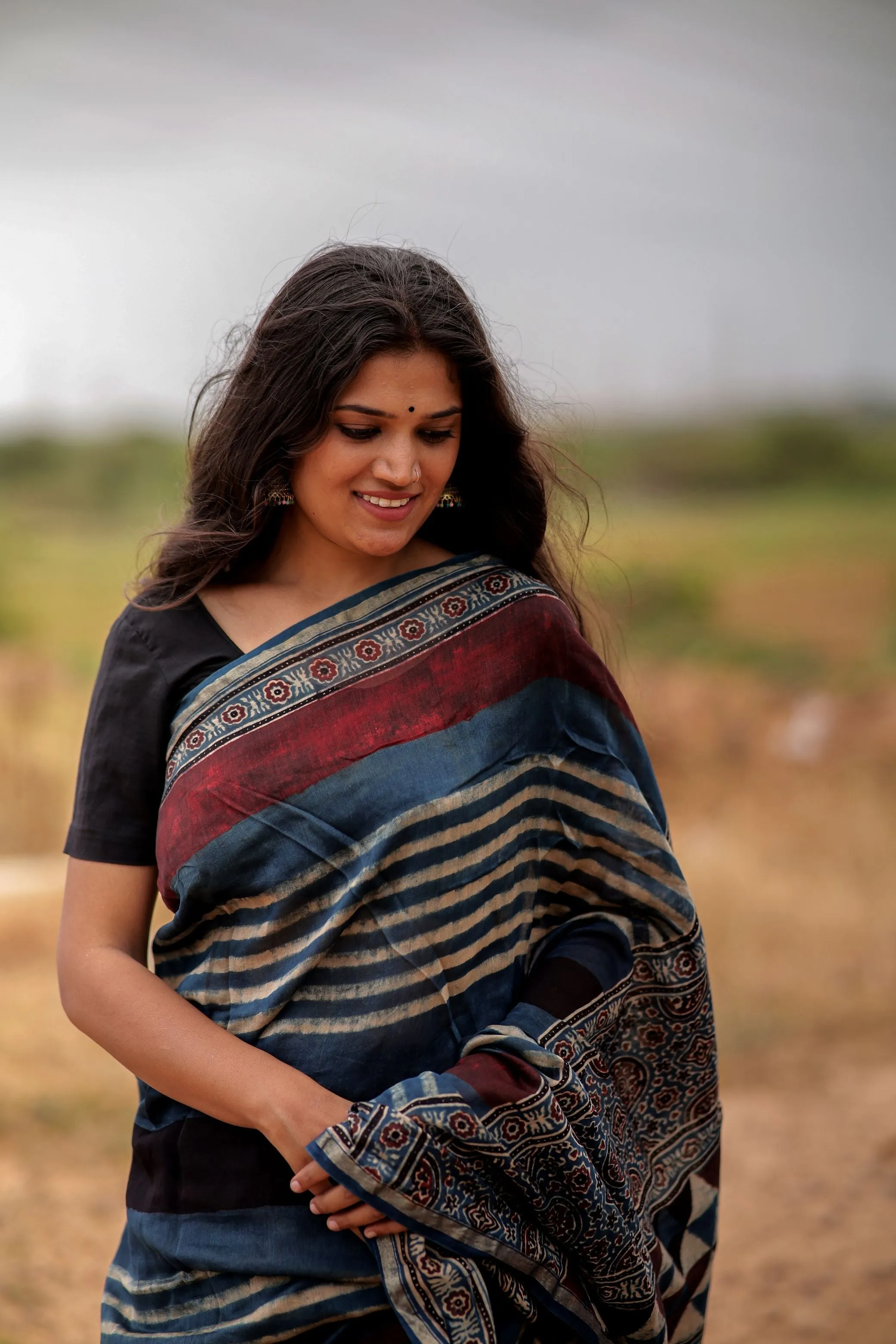 Jharokha -Indigo & black red striped silk cotton Ajrakh handblockprinted saree