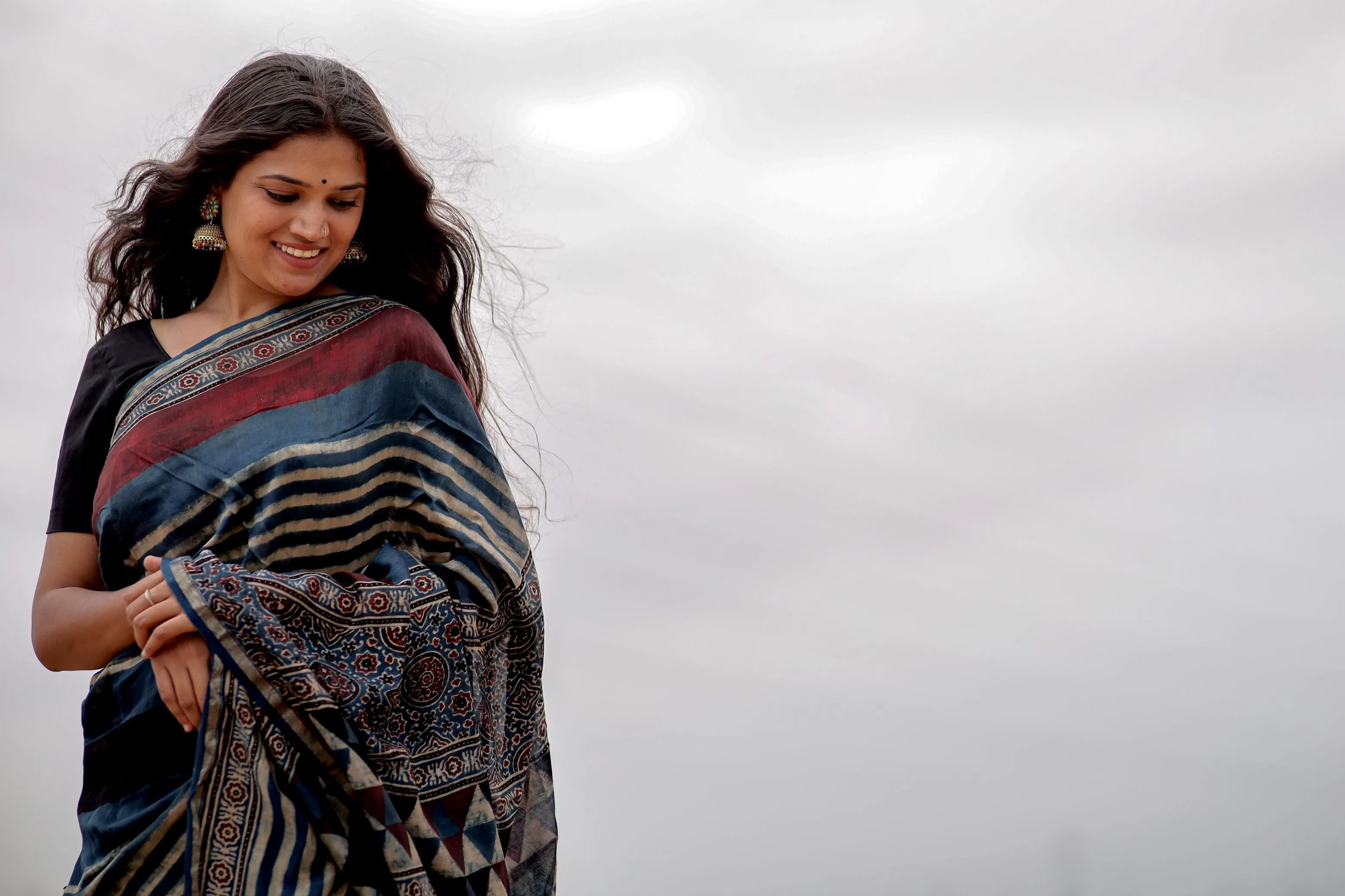 Jharokha -Indigo & black red striped silk cotton Ajrakh handblockprinted saree