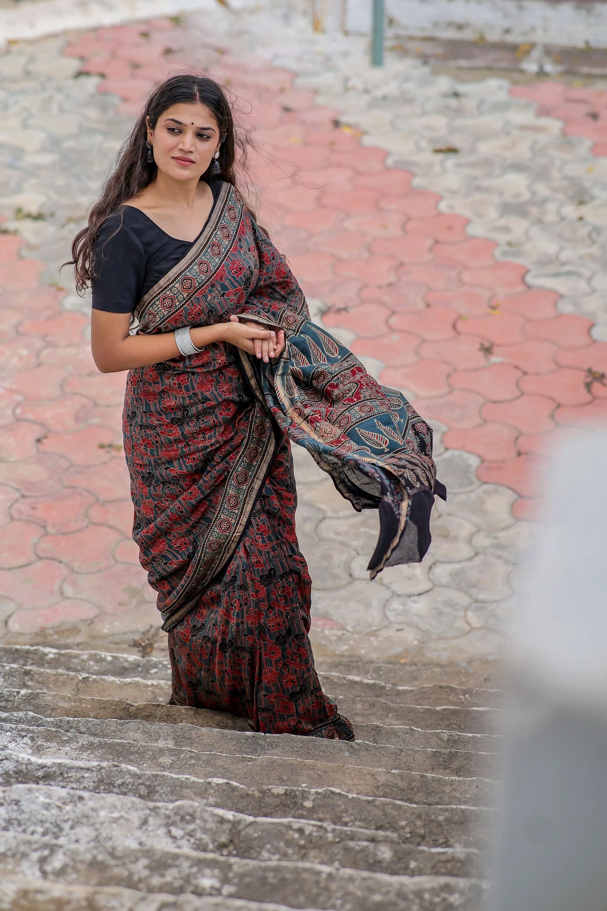 Jharokha -Indigo red floral silk cotton Ajrakh handblockprinted saree