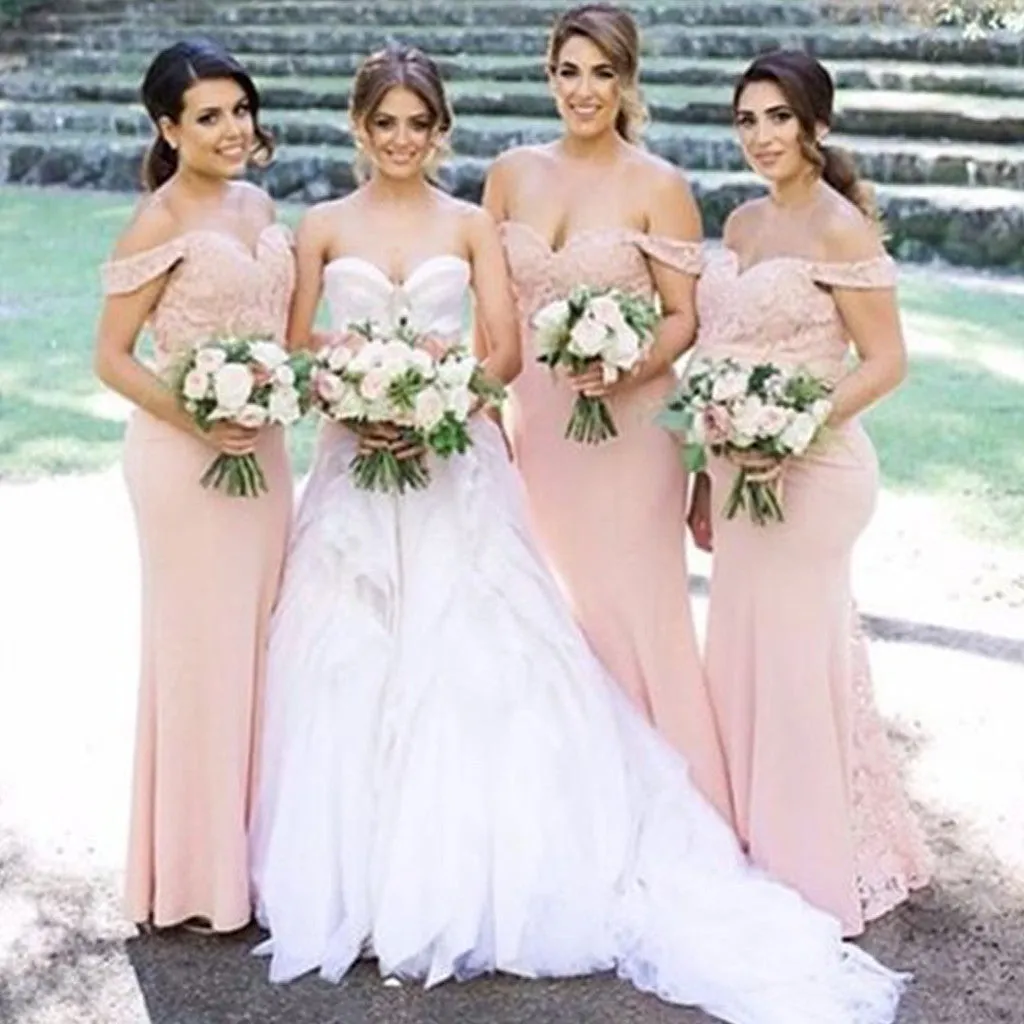 Junior Pretty Blush Pink Lace Off Shoulder Sweetheart Mermaid Floor-Length Bridesmaid Dresses, WG55