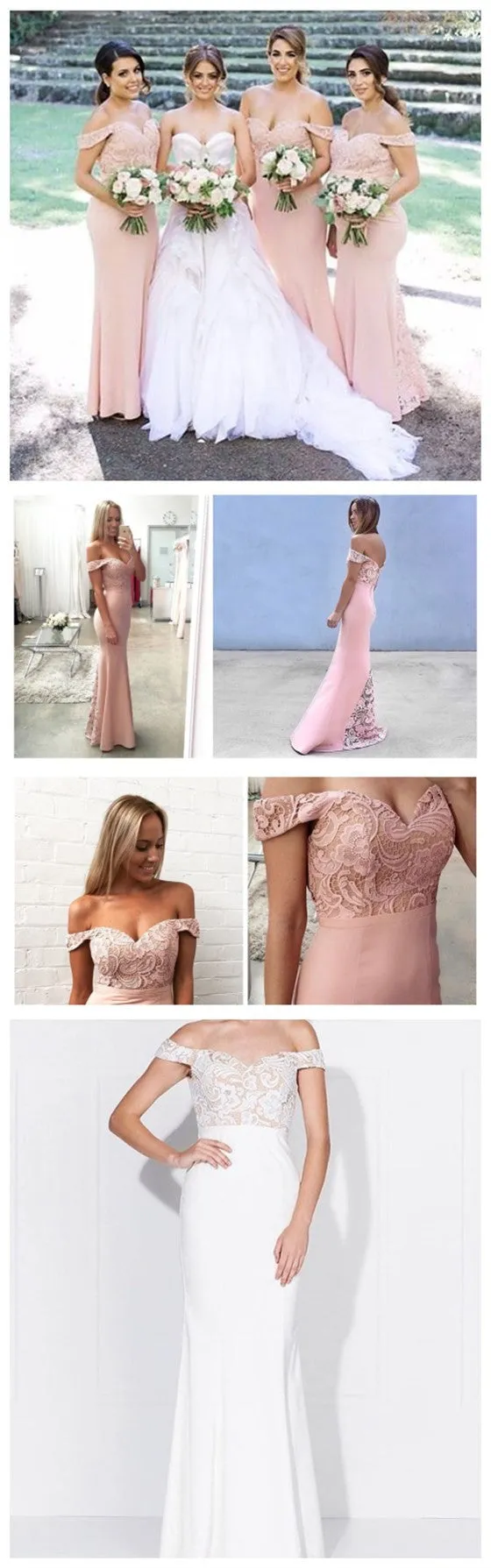 Junior Pretty Blush Pink Lace Off Shoulder Sweetheart Mermaid Floor-Length Bridesmaid Dresses, WG55