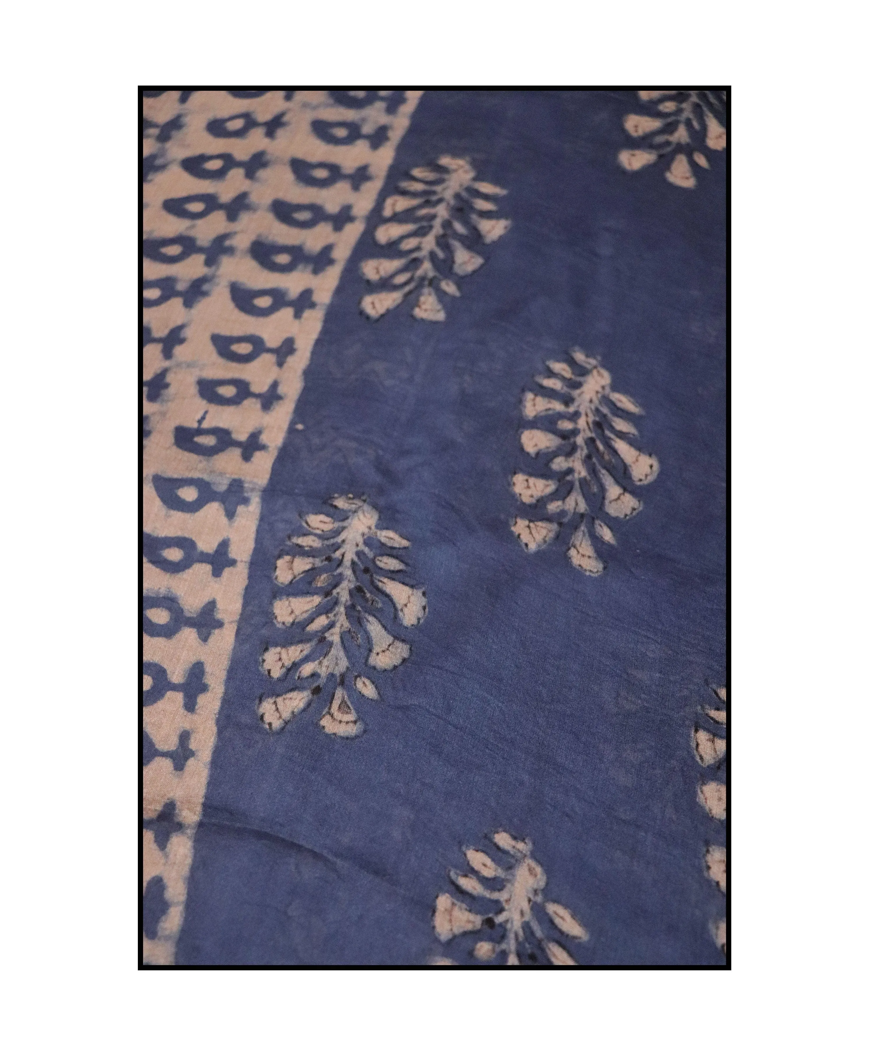 Kaisori Malhar - Dabu Light Indigo twig handblockprinted Silk Cotton saree