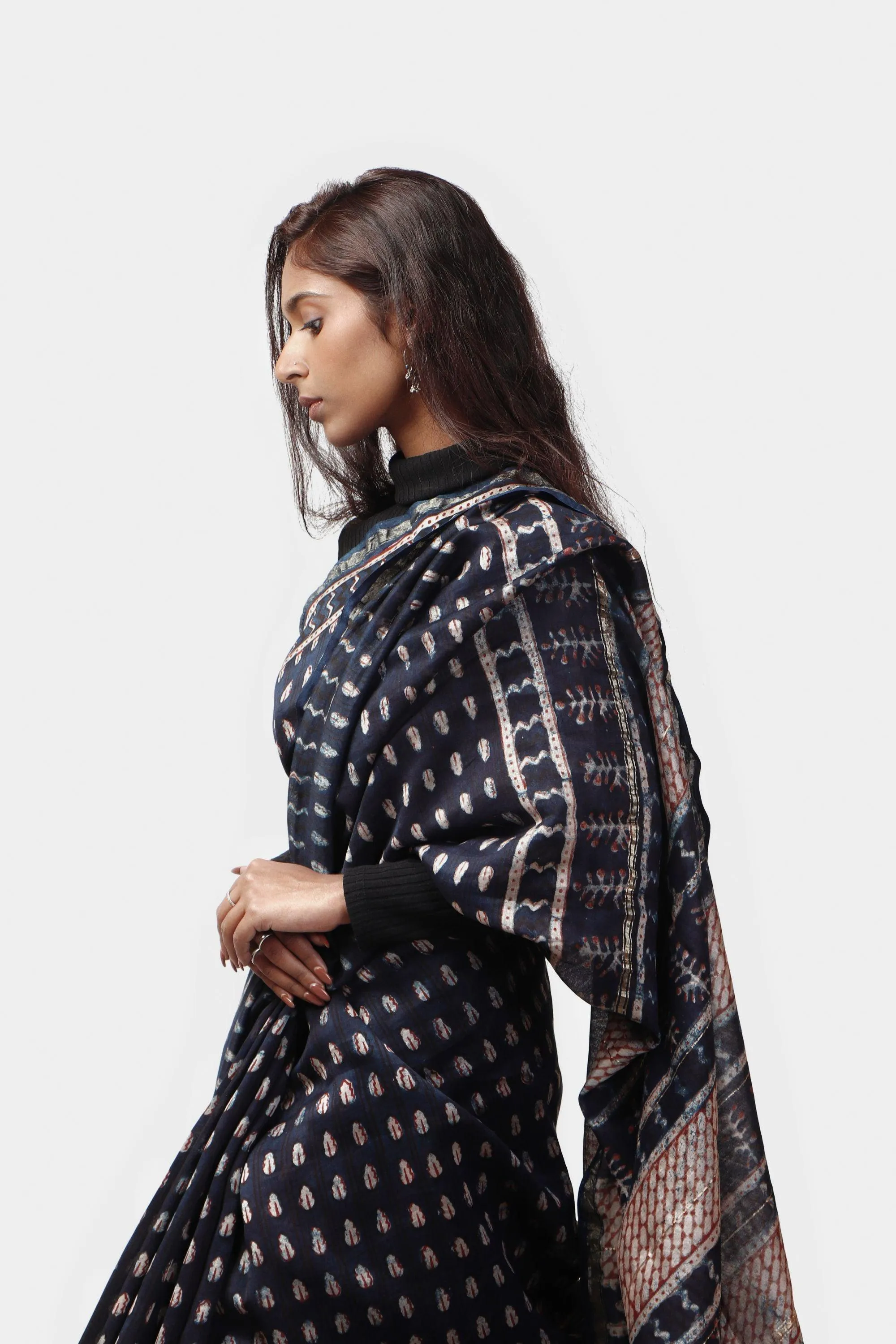 Kaisori Malhar - Dabu Pharad Indigo handblockprinted Silk Cotton saree