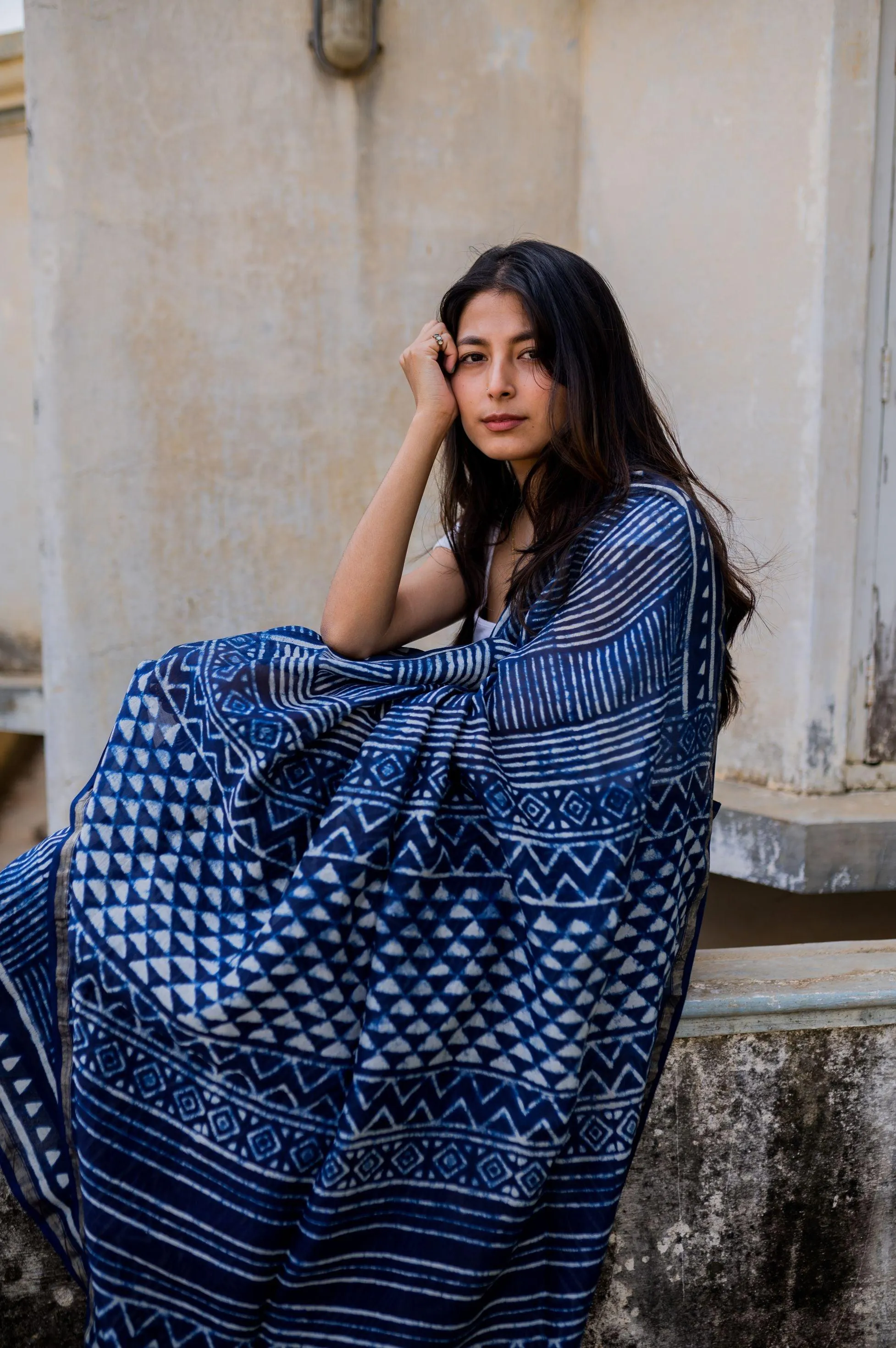 Kaisori Malhar - Dabu Stripes Indigo Silk Cotton saree