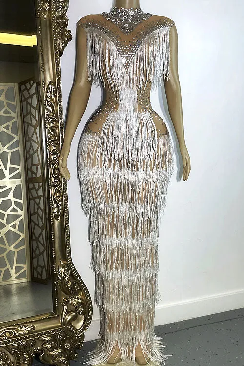 Kally Nude Diamante Tassel Dress(Ready To Ship)