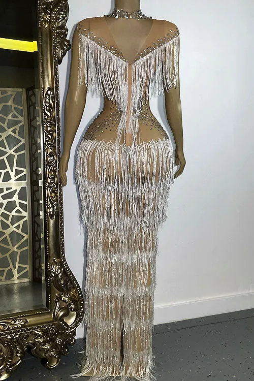 Kally Nude Diamante Tassel Dress(Ready To Ship)