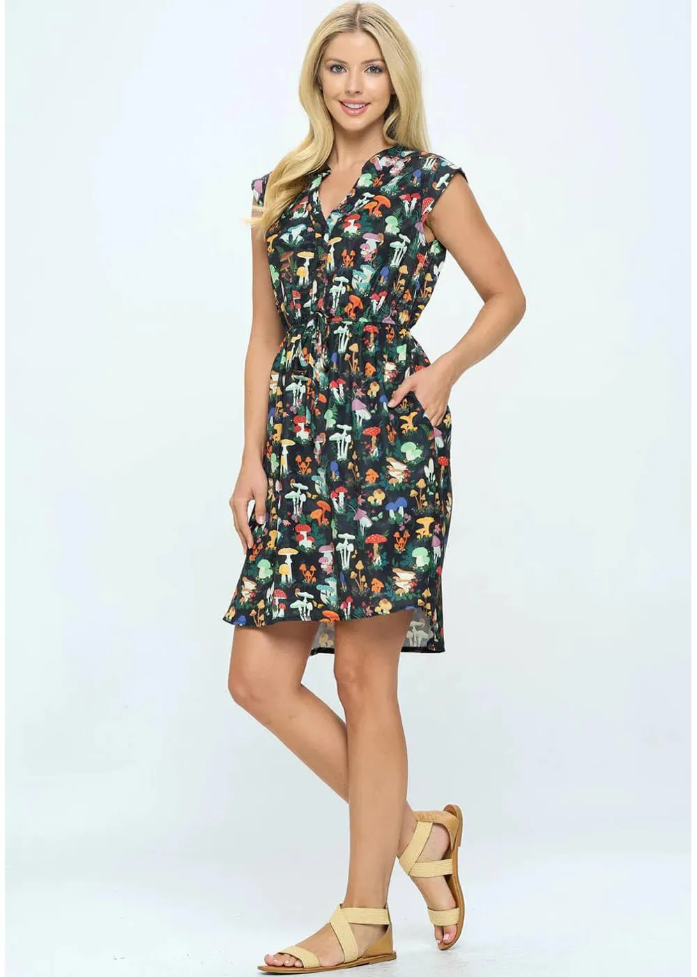 LA Soul Emma Mushroom Garden V-Neck A-Line Dress Black