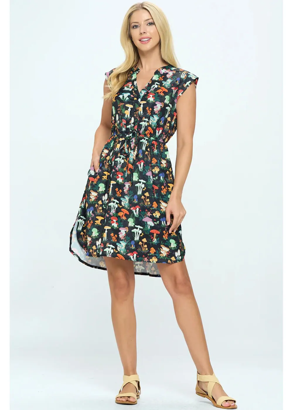 LA Soul Emma Mushroom Garden V-Neck A-Line Dress Black