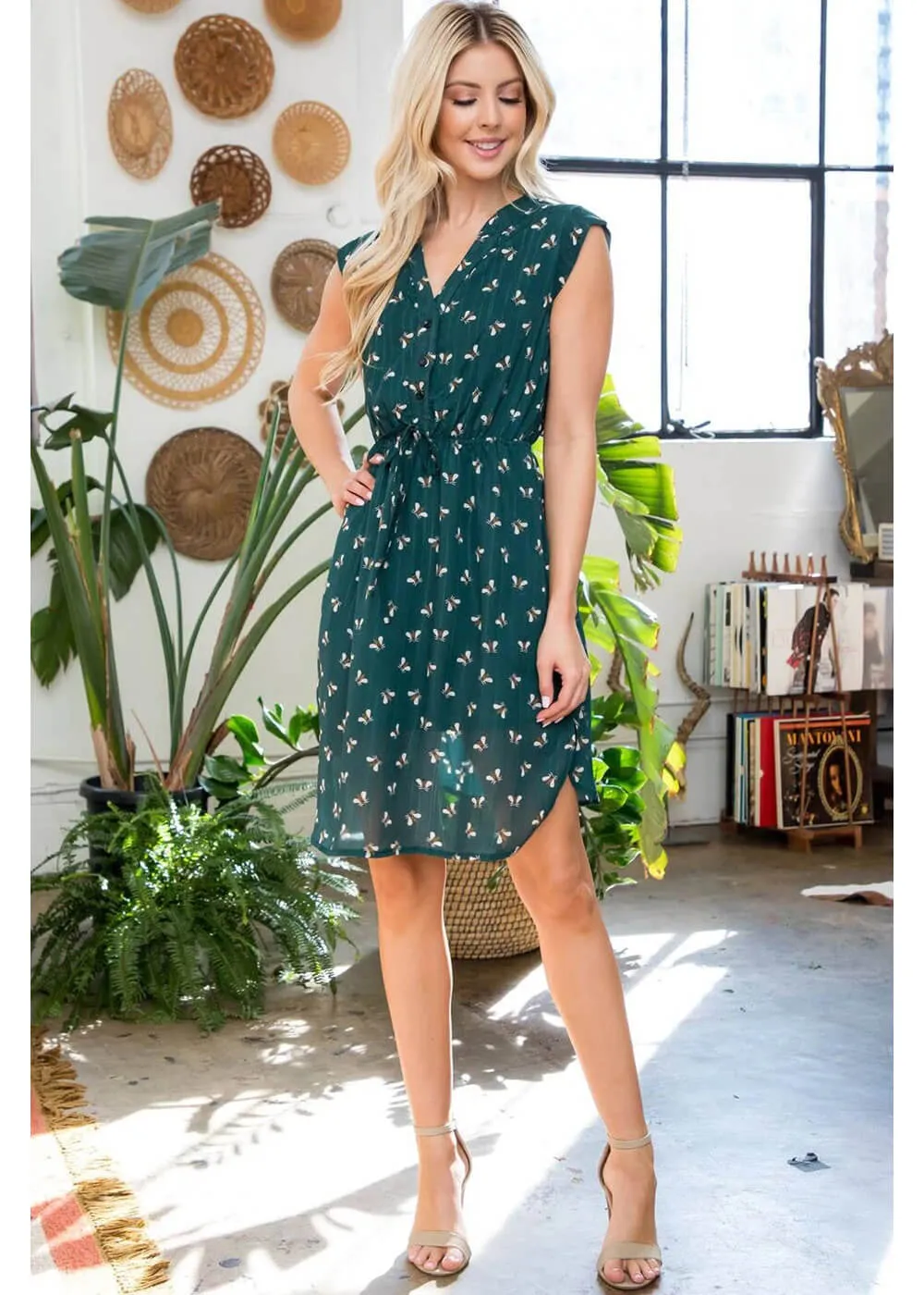 LA Soul Emma Sparkling Bee V-Neck A-Line Dress Green