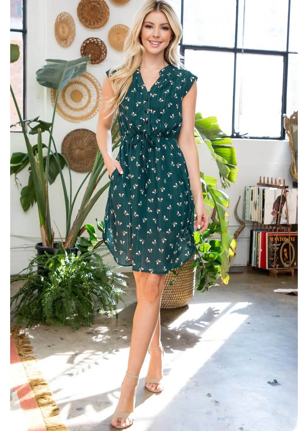 LA Soul Emma Sparkling Bee V-Neck A-Line Dress Green