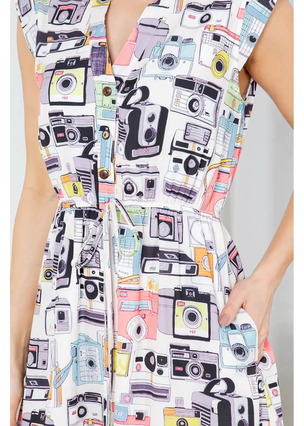 LA Soul Emma Vintage Camera V-Neck A-Line Dress Apricot