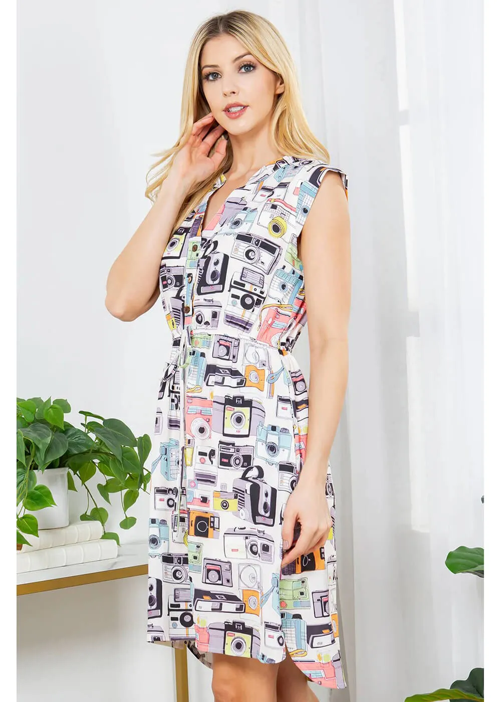 LA Soul Emma Vintage Camera V-Neck A-Line Dress Apricot