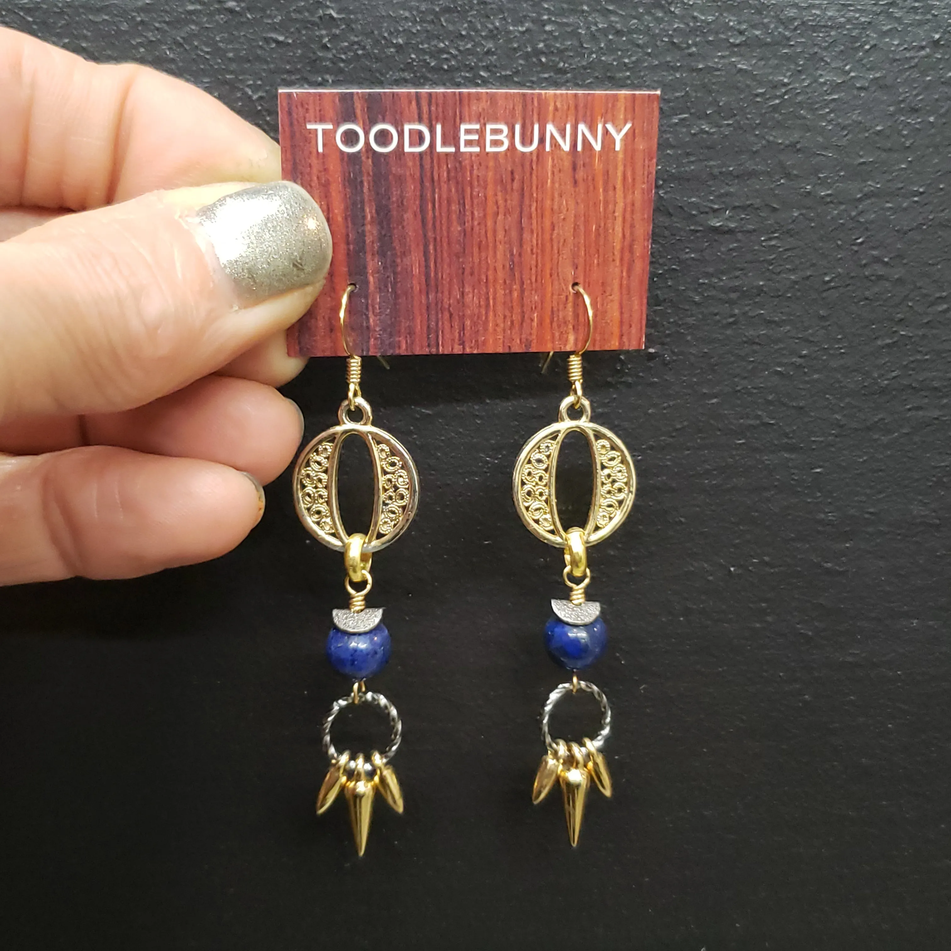 Lapis Eye Mixed Metal Spiked Fringe Earrings