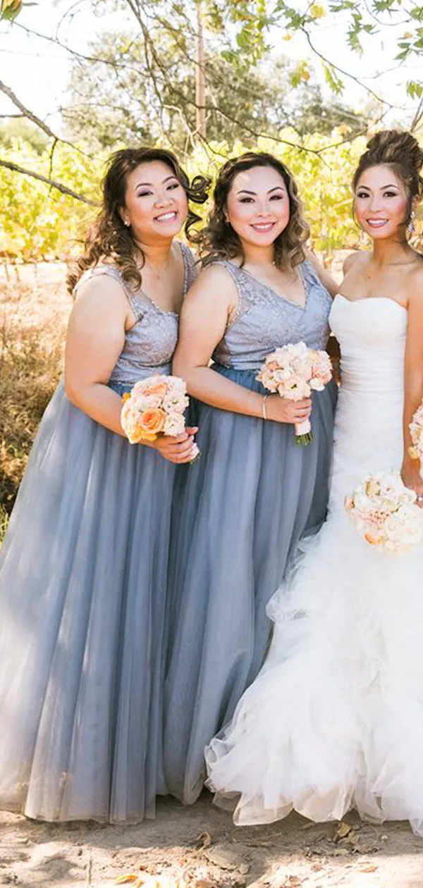 Lavender Tulle Lace V-neck A-line Long Bridesmaid Dresses ,DB138