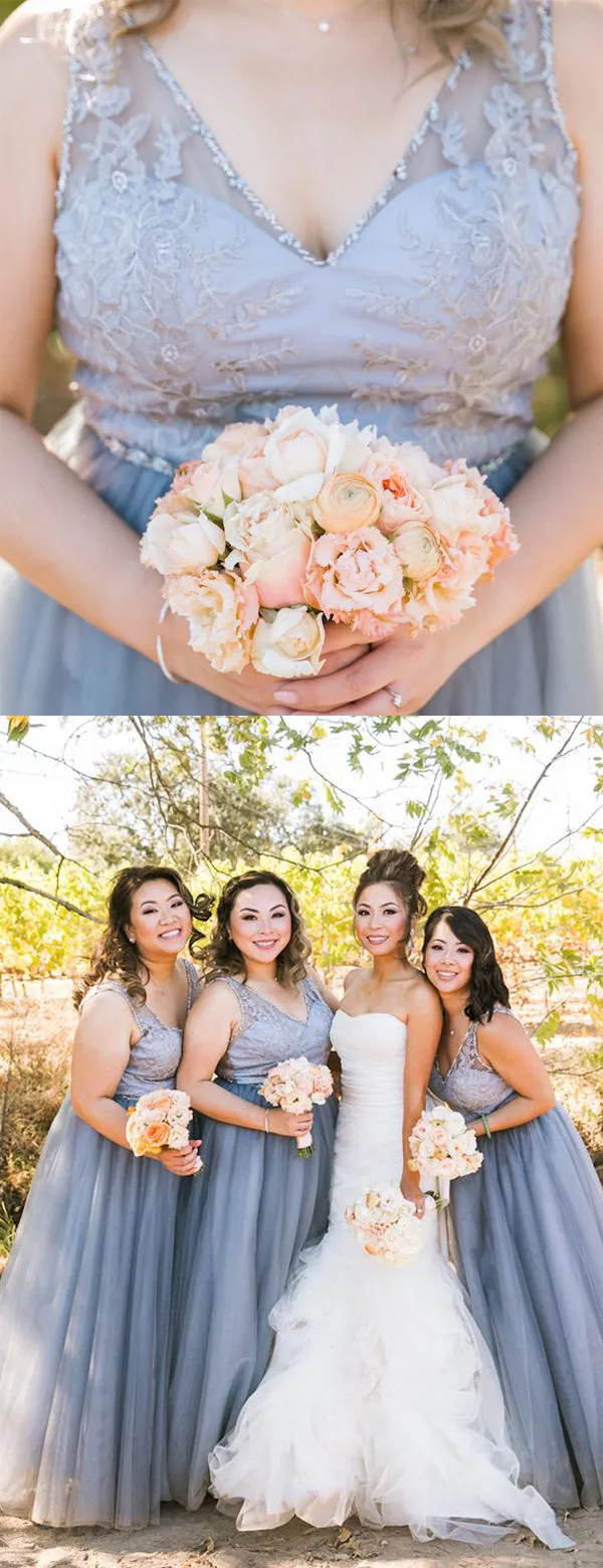 Lavender Tulle Lace V-neck A-line Long Bridesmaid Dresses ,DB138