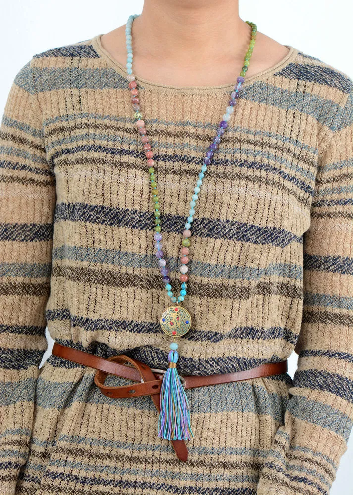 Long Colorful Mala with Tibetan Center Bead Tassel Necklace