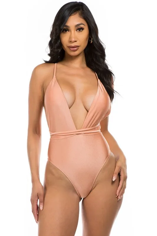 Low V-Neck One Piece Swimsuit