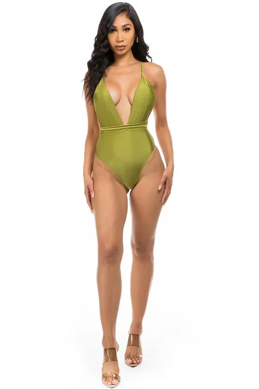 Low V-Neck One Piece Swimsuit