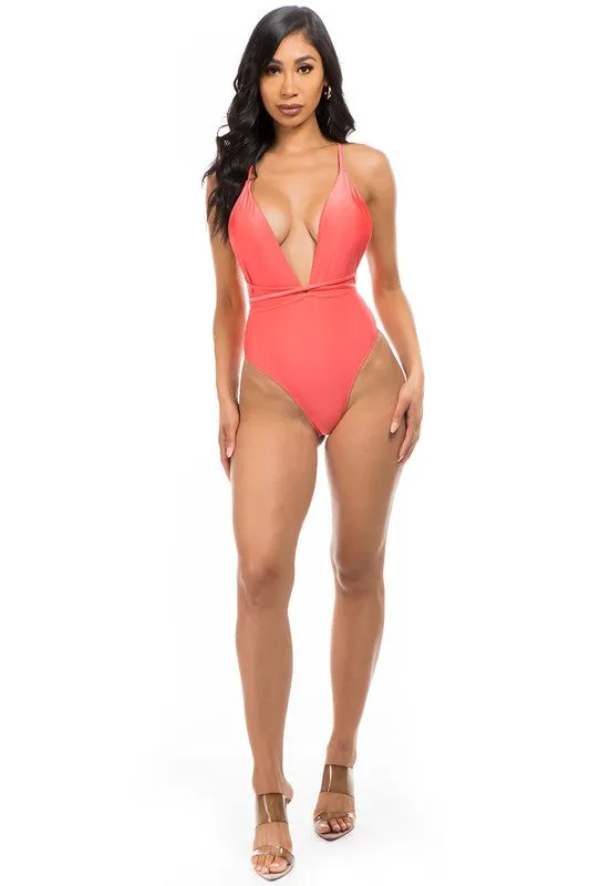 Low V-Neck One Piece Swimsuit