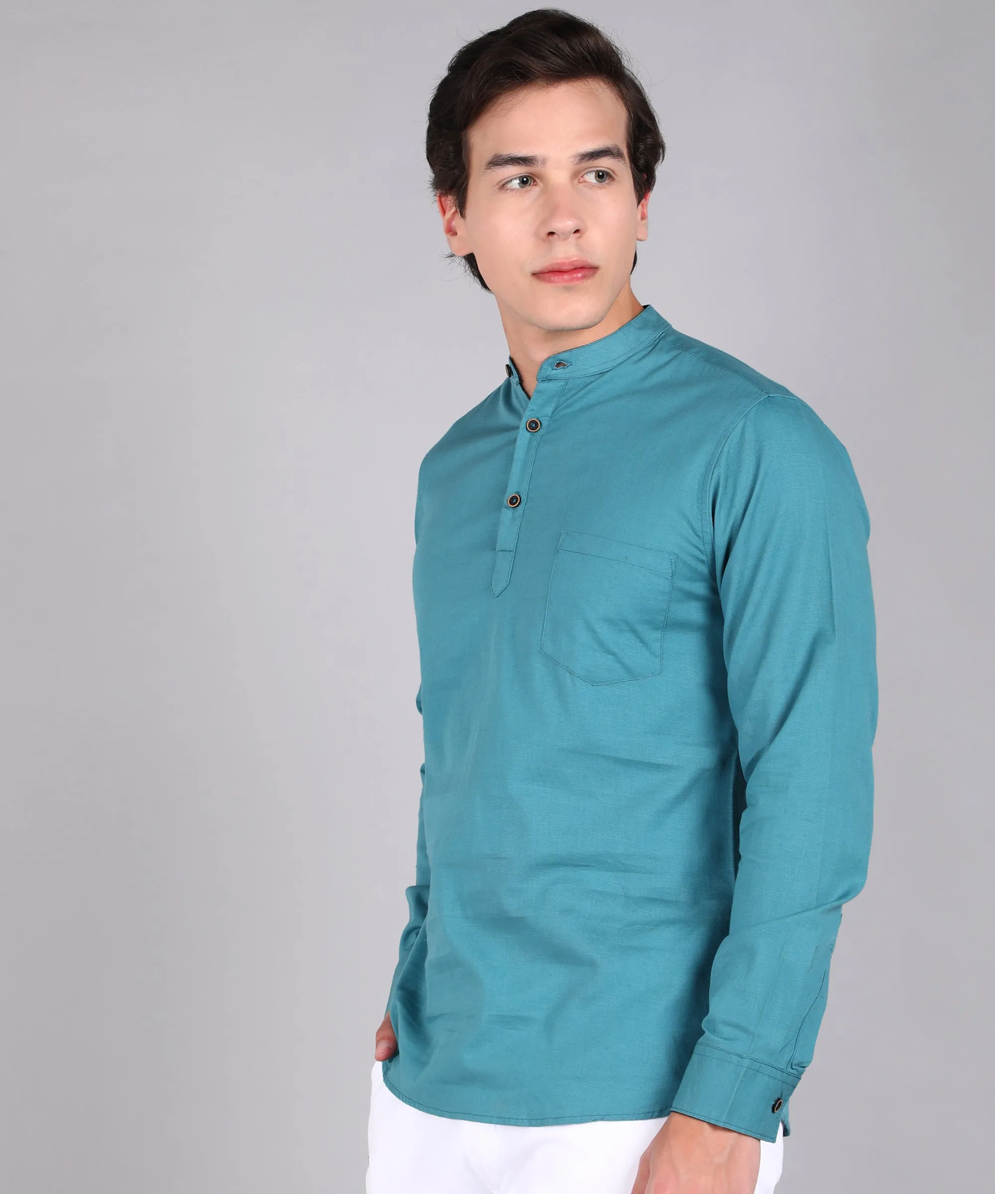 Men's Blue Cotton Full Sleeve Slim Fit Solid Shirt with Mandarin Collar