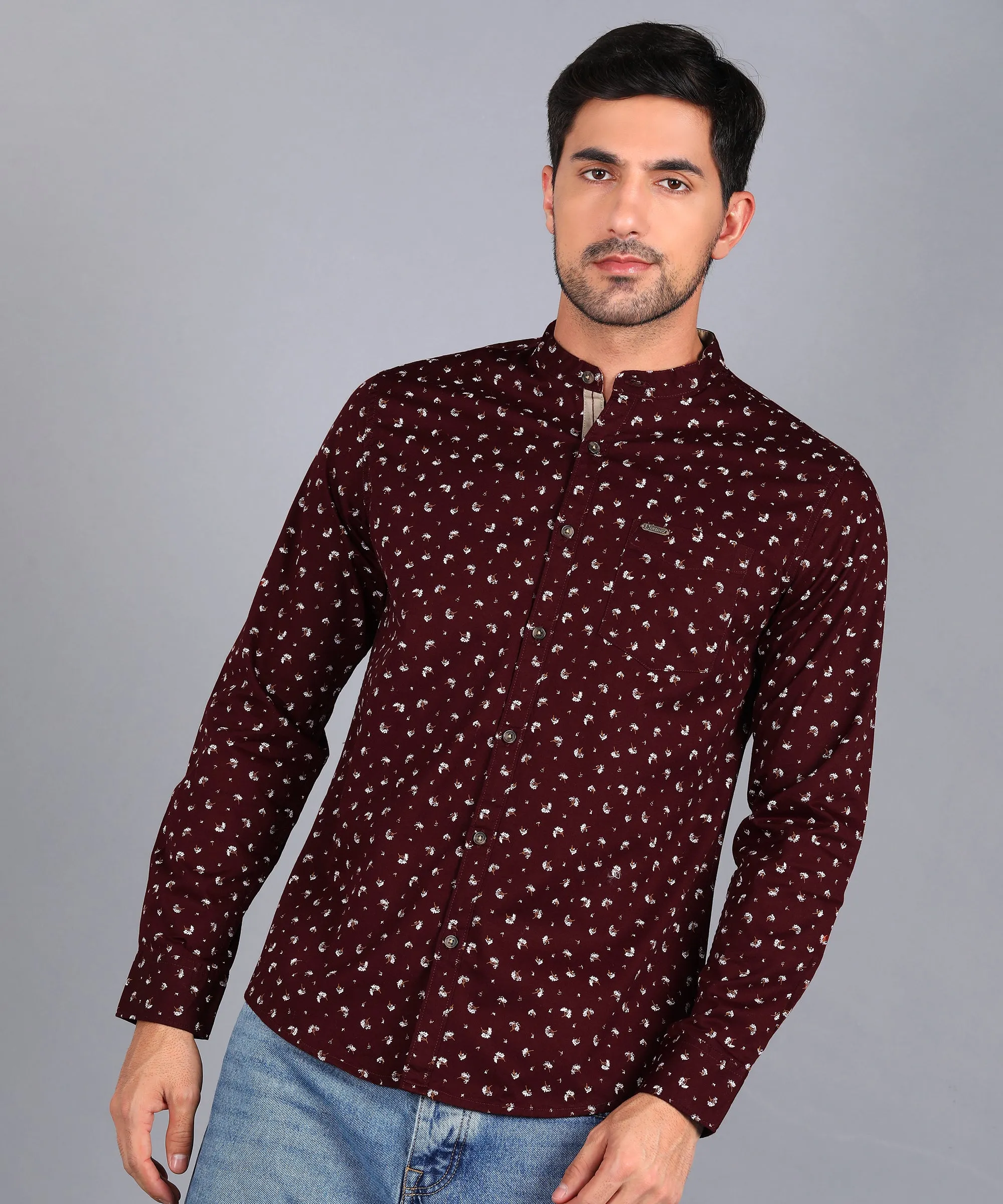 Men's Maroon Cotton Full Sleeve Slim Fit Casual Printed Shirt