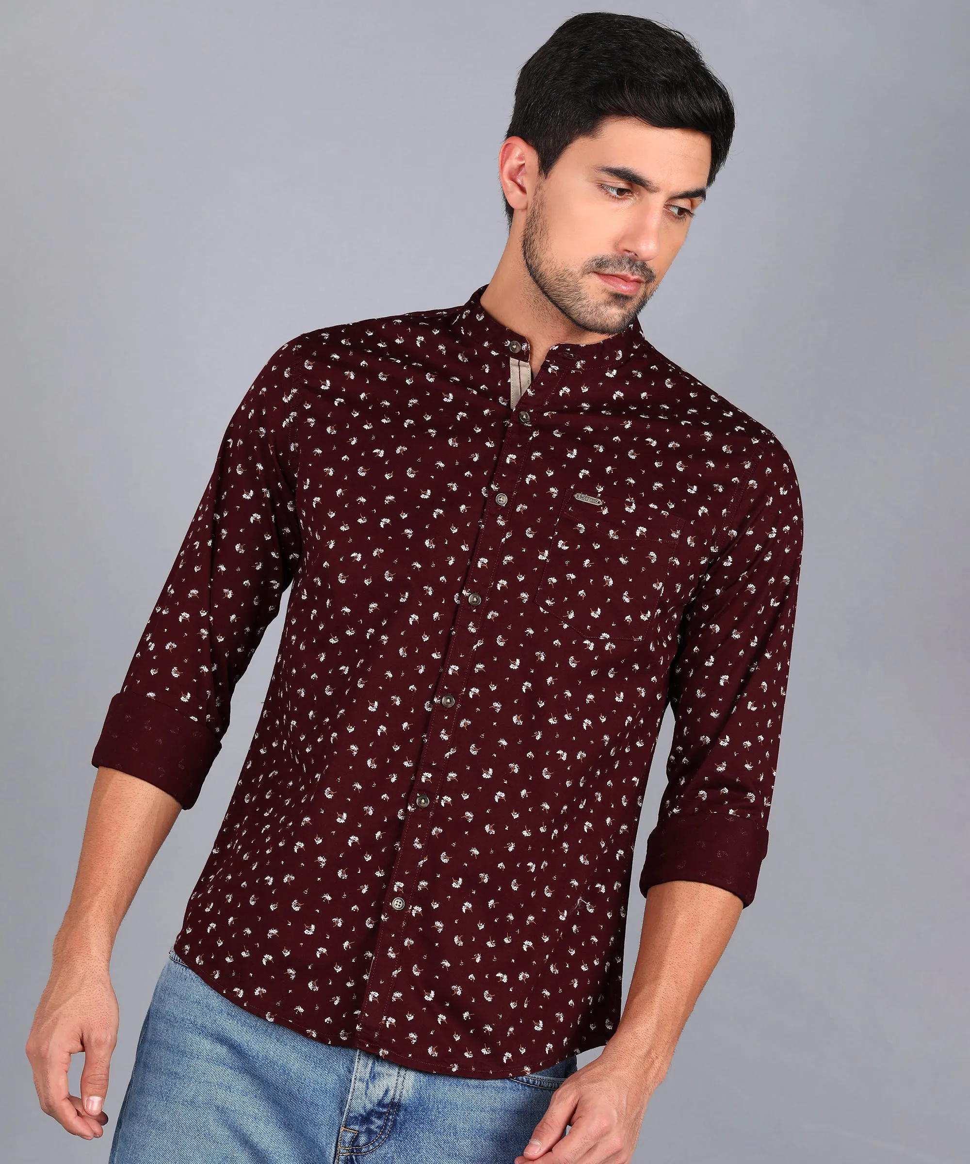 Men's Maroon Cotton Full Sleeve Slim Fit Casual Printed Shirt