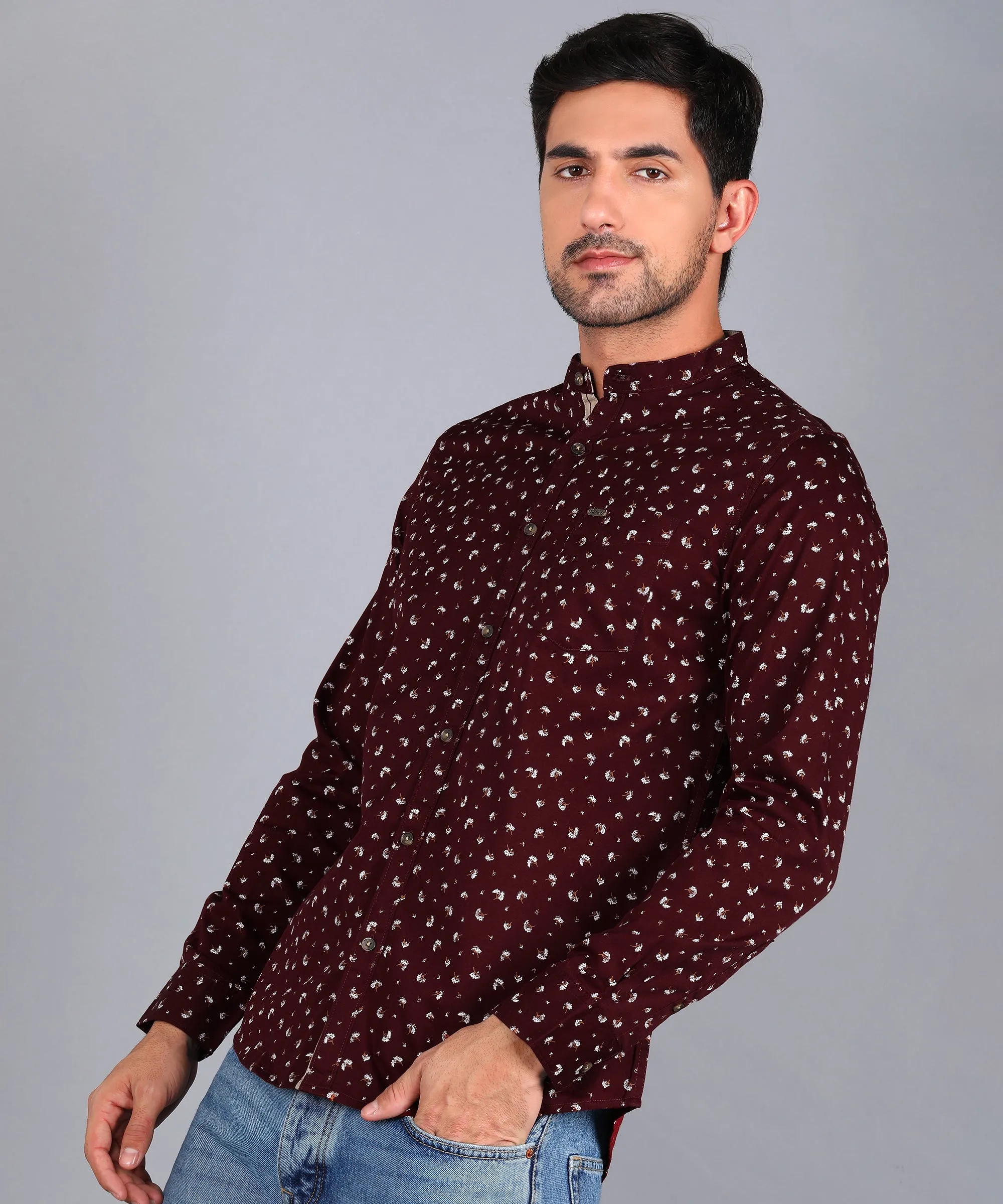 Men's Maroon Cotton Full Sleeve Slim Fit Casual Printed Shirt