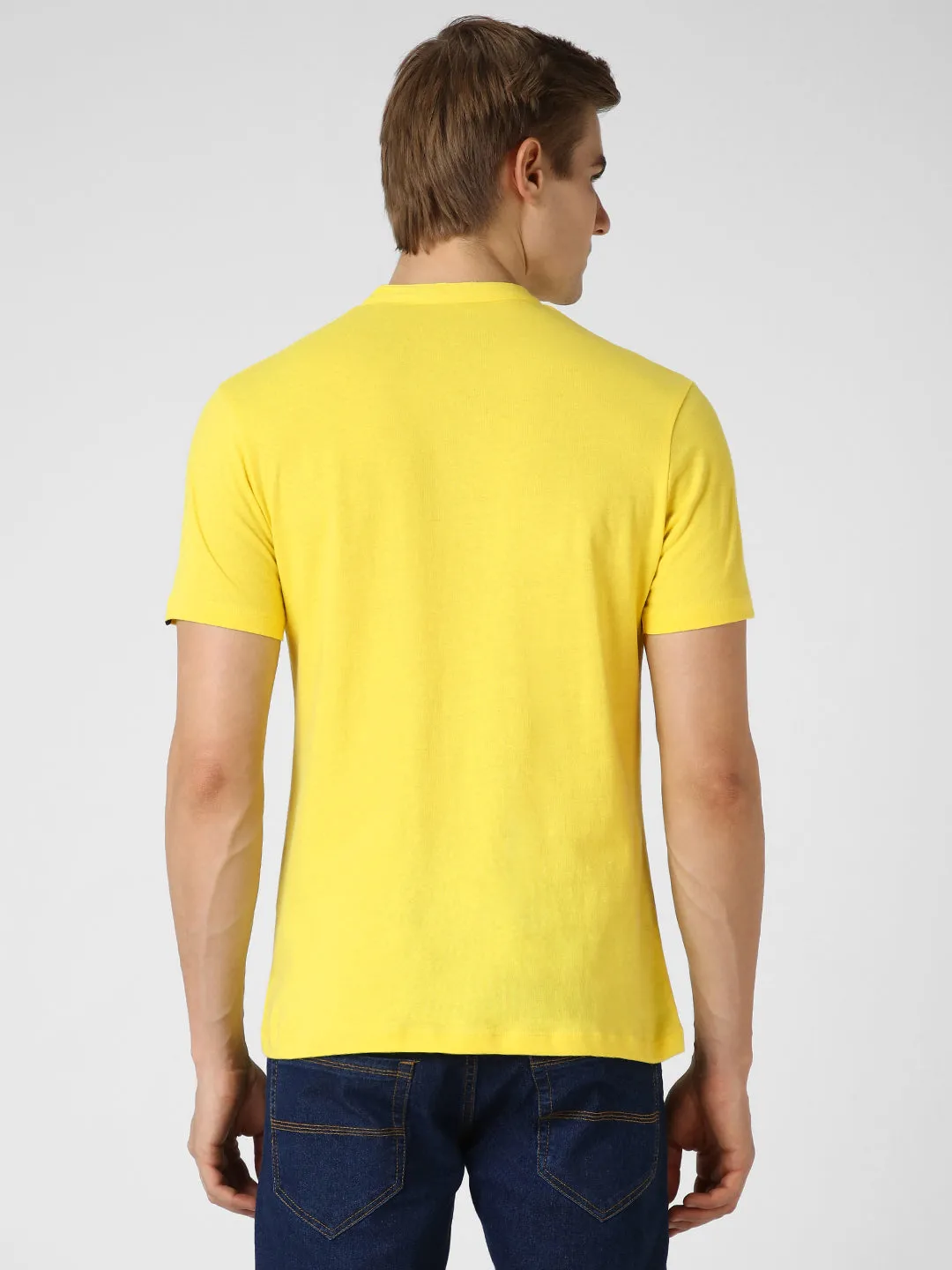 Men's Mustard Solid Mandarin Collar Slim Fit Cotton T-Shirt