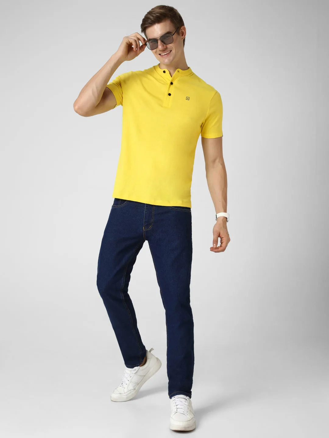 Men's Mustard Solid Mandarin Collar Slim Fit Cotton T-Shirt