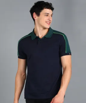 Men's Navy Blue, Green Colour-Block Slim Fit Half Sleeve Cotton Polo T-Shirt