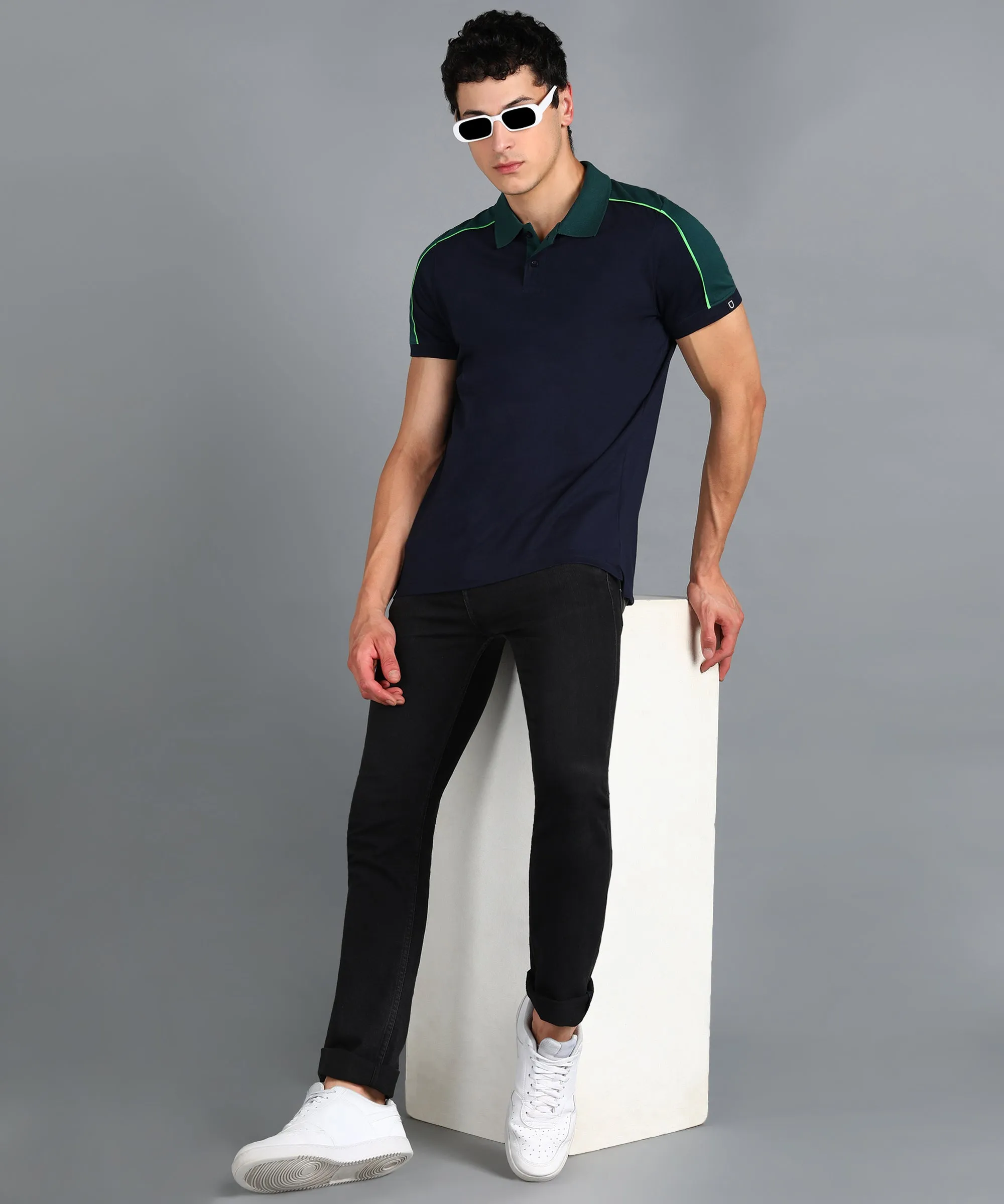 Men's Navy Blue, Green Colour-Block Slim Fit Half Sleeve Cotton Polo T-Shirt