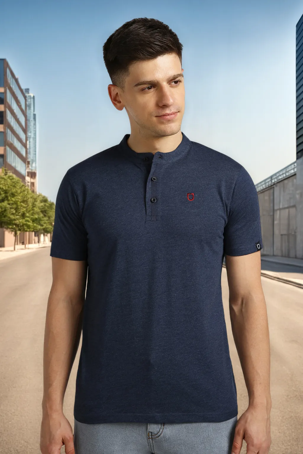 Men's Navy Melange Solid Mandarin Collar Slim Fit Half Sleeve Cotton T-Shirt